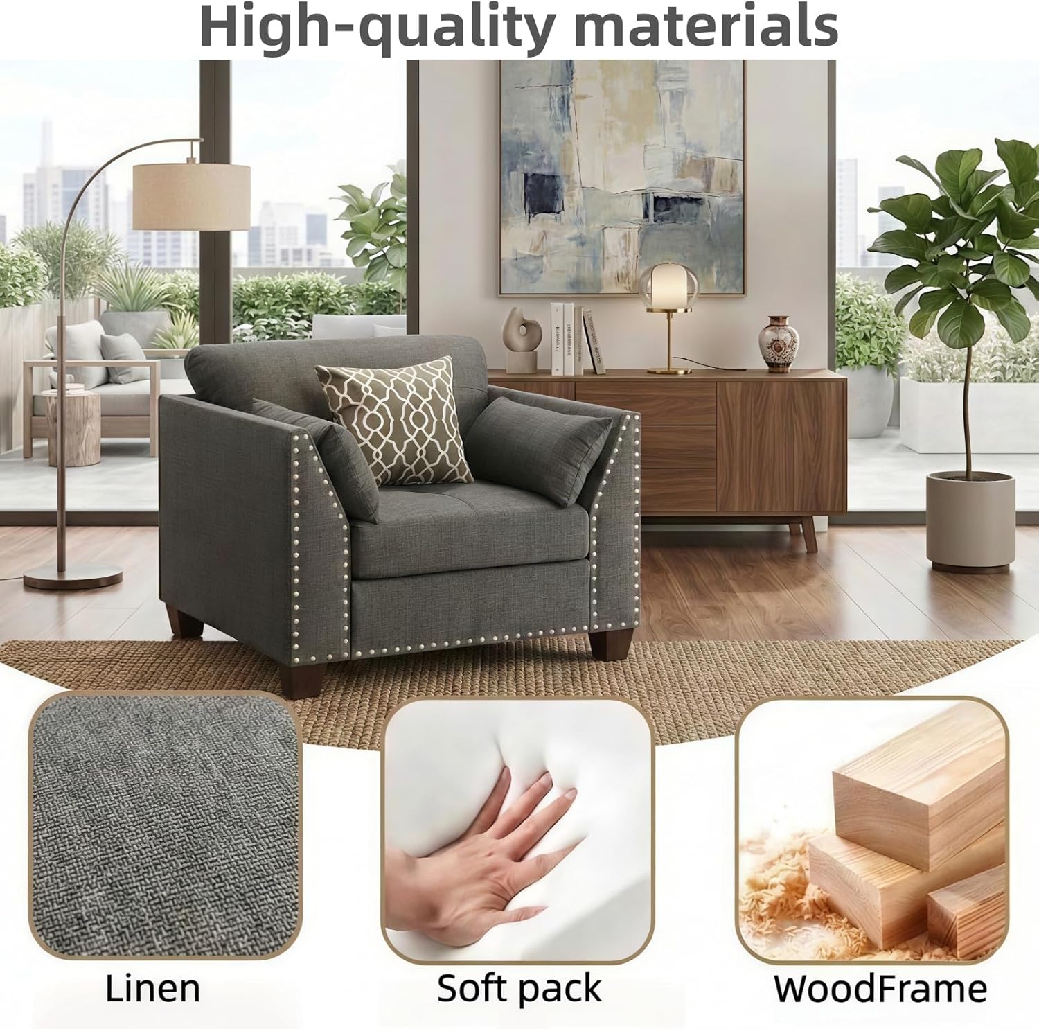 Dreamzie Modern Linen Accent Chair, Upholstered Armchair with Nailhead Trim & 3 Throw Pillows, Single Sofa Reading Chair for Living Room & Bedroom Solid Wood Legs (Light Gray)