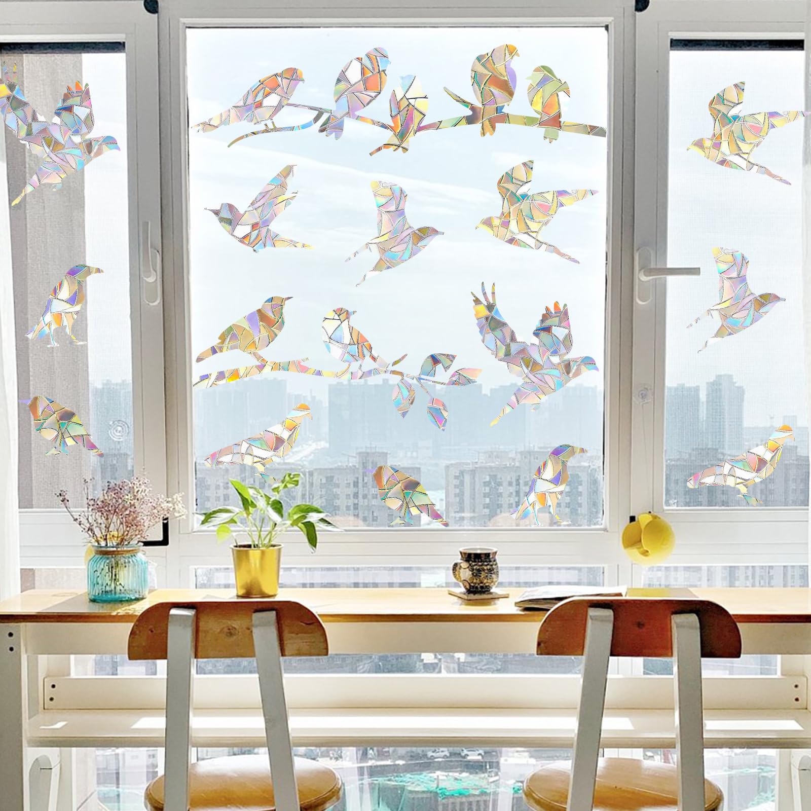 20PCS Prism Birds Branch Window Stickers, Removable PVC Bird Shape Suncatcher Rainbow Window Clings Decals, Static Cling Anti-Collision Stickers Prevent Birds Strikes or Flying in Windows Glass Door
