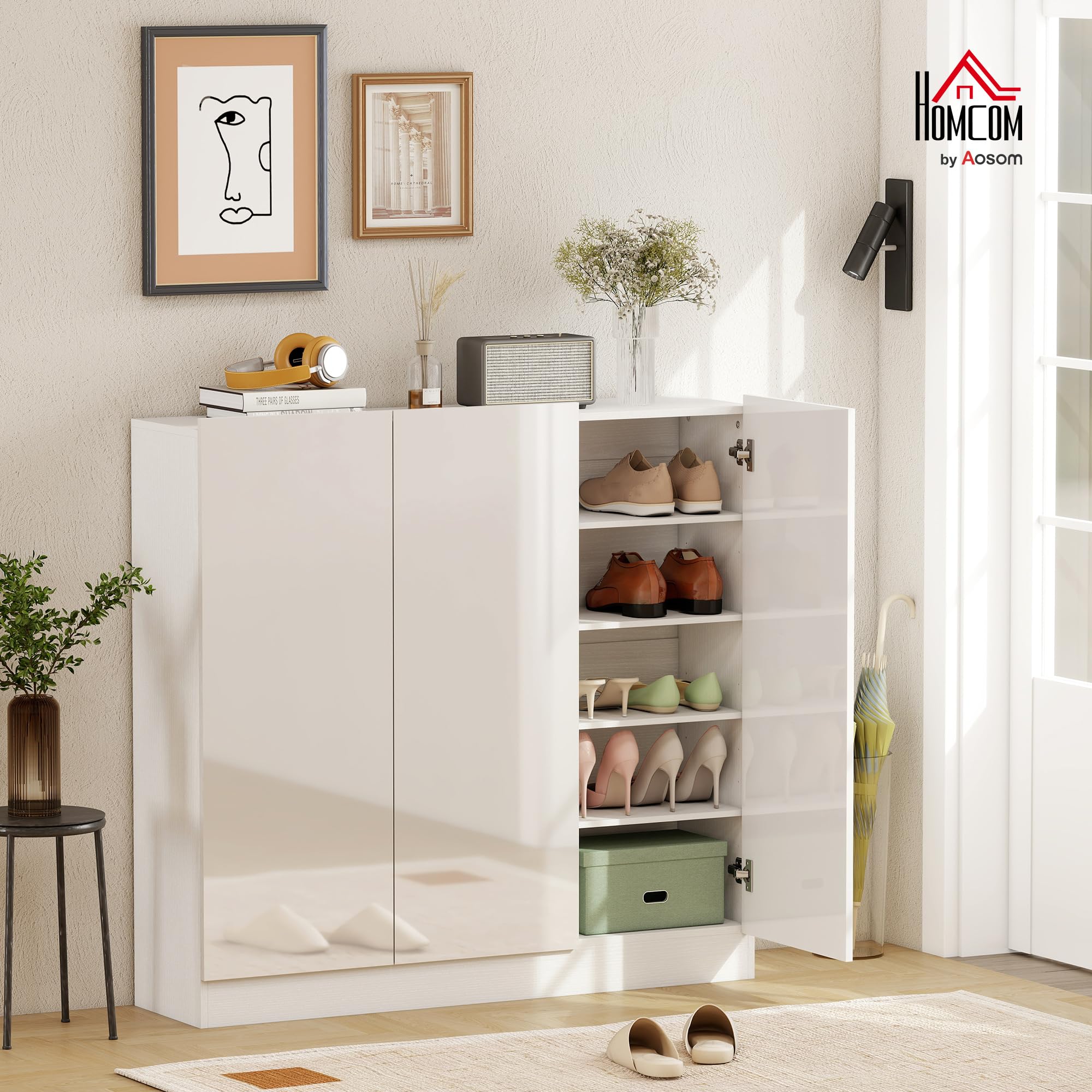 HOMCOM Schuhschrank Verstellbare Ablagen Hochglanztüren 106,4x34x108,5cm | Schuhregal, Belüftungslöchern, Schuhaufbewahrung mit Soft-Close-Funktion, Schuhkommode, für 25–30 Paar Weiß