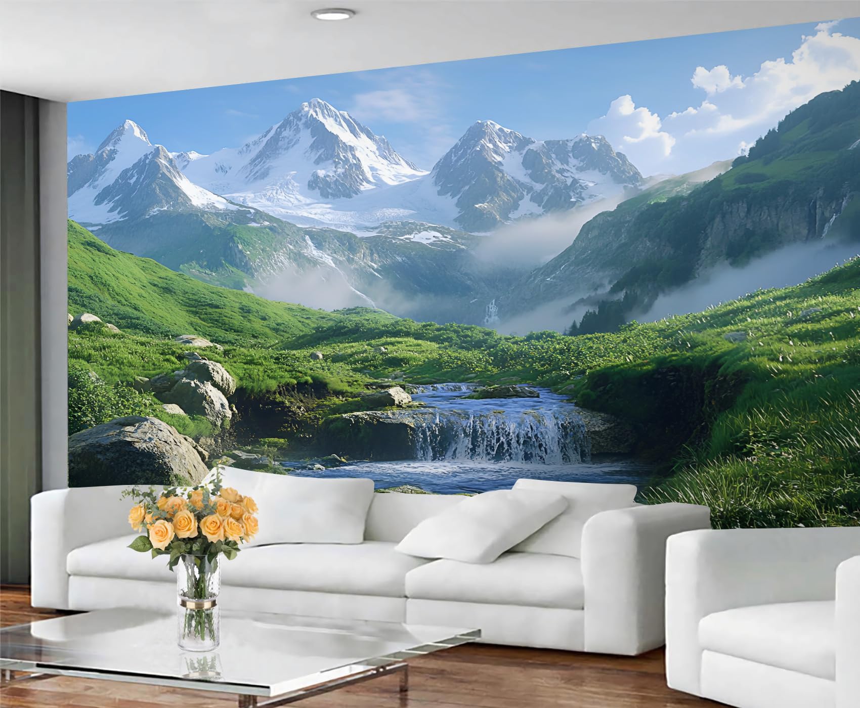 GIVLWF Wallpaper - Landscape Mural & Home Decor, Rivers and Mountains Bedroom Wallpaper, Green Nature Wall Paper for Living Room, Large Mural, Not Self Adhesive