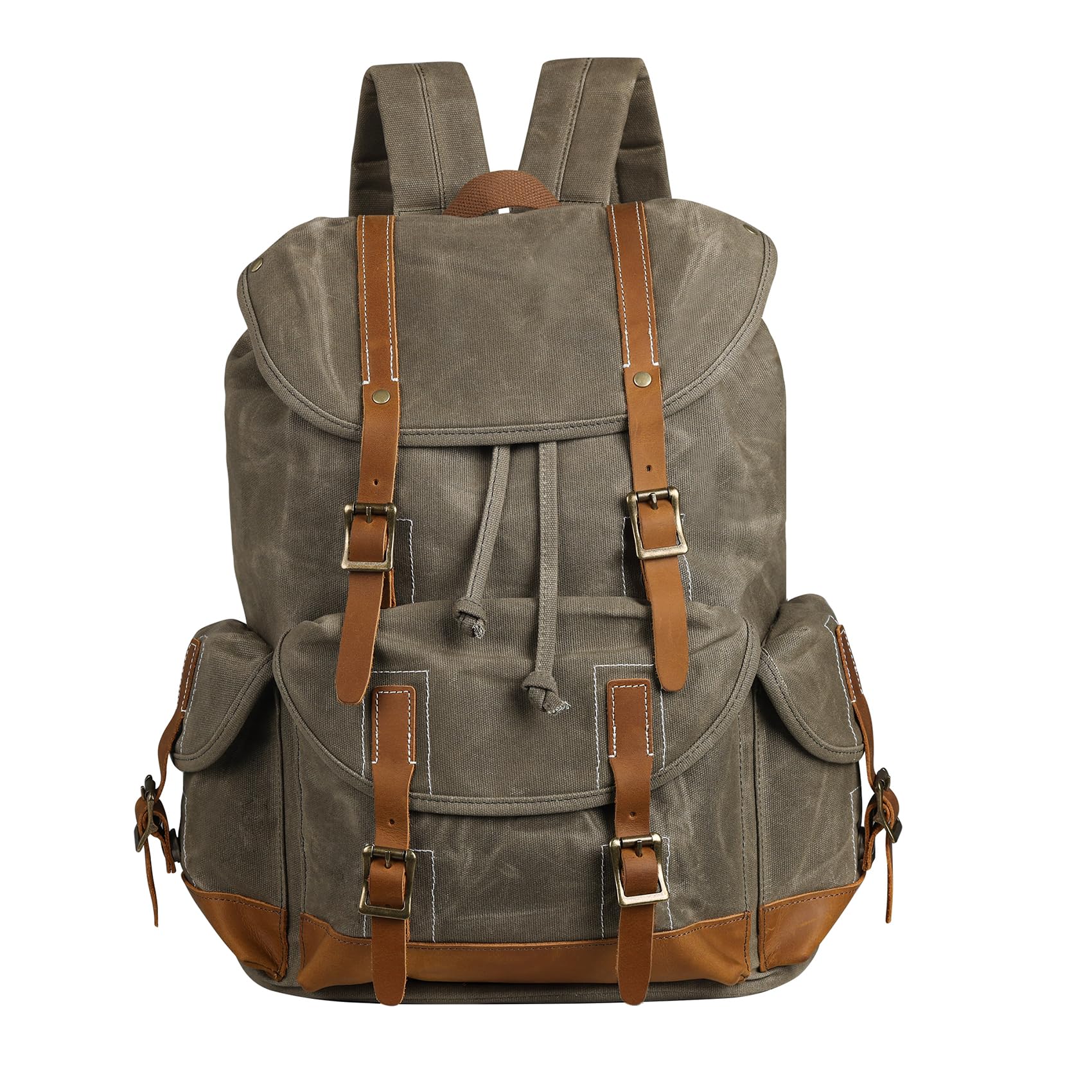 BRASS TACKS Leathercraft Backpack for Men Heavy Duty Waxed Canvas Vintage Women Trim Casual 15.6" laptop Travel Backpack-Olive green