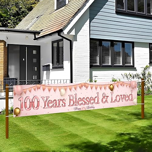 Miniatura 4 de Labakita Cartel de 100 años bendecido y amado, pancarta grande de feliz cumpleaños número 100, decoración de cumpleaños número 100 de mamá abuela,