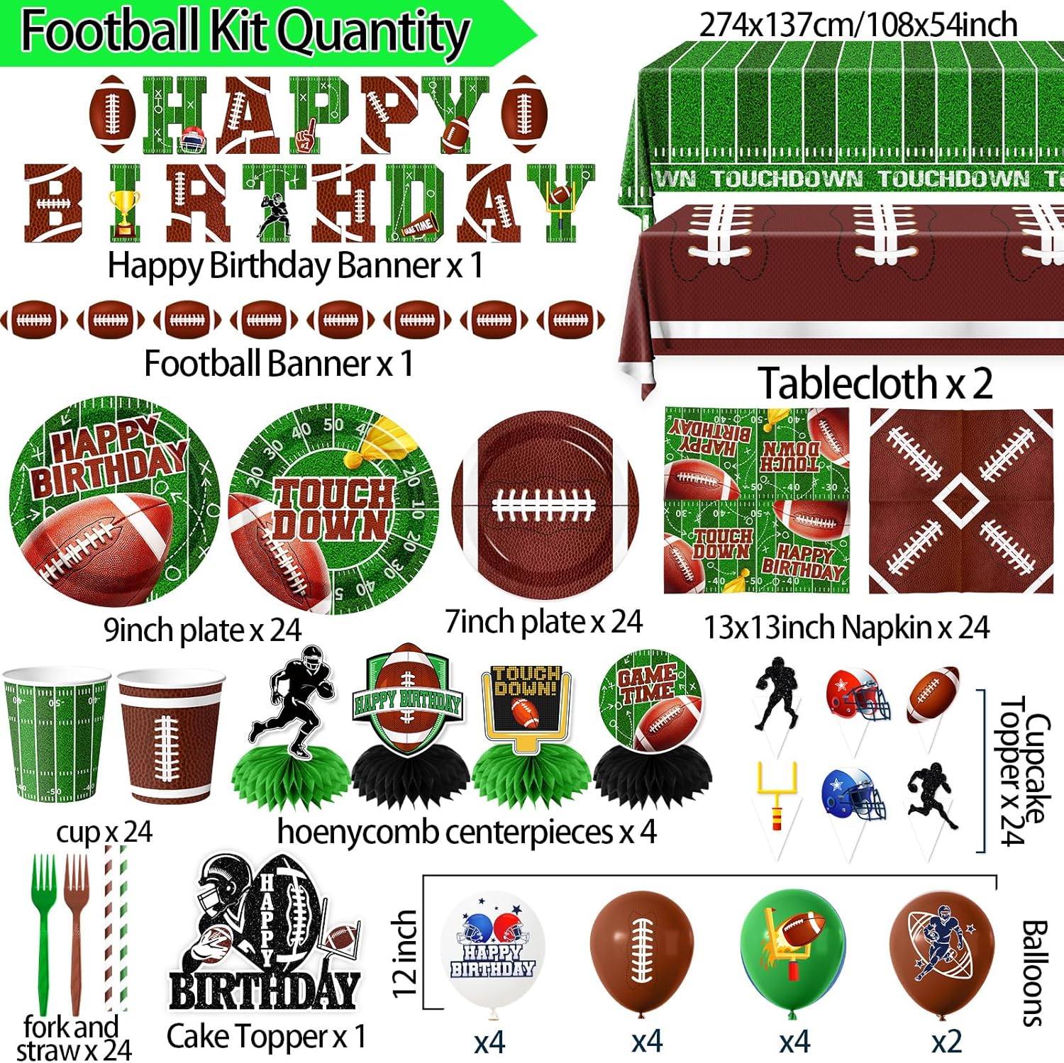 Football Birthday Party Decorations, 191Pcs Football Party Supplies Includes Plates,Napkins,Cups,Tablecloth,Banner,Hanging Swirls,Honeycomb,Balloons,Cake Topper for Game Day Tailgate Party Decorations - Image 6