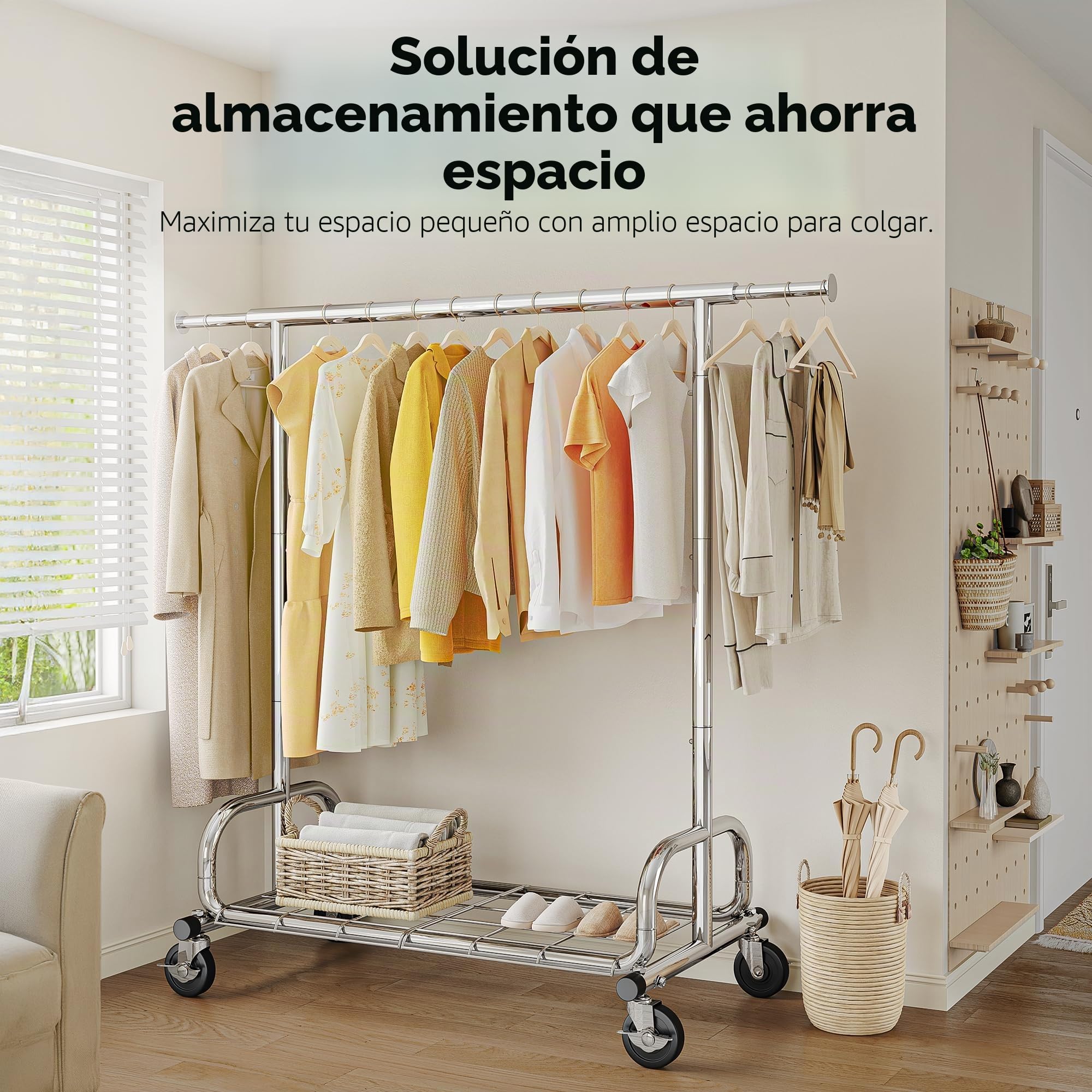 HOKEEPER Perchero resistente de 136 kg de capacidad, perchero extensible con ruedas y estantes bloqueables, ahorro de espacio para dormitorio, apartamento pequeño, lavandería, color plateado