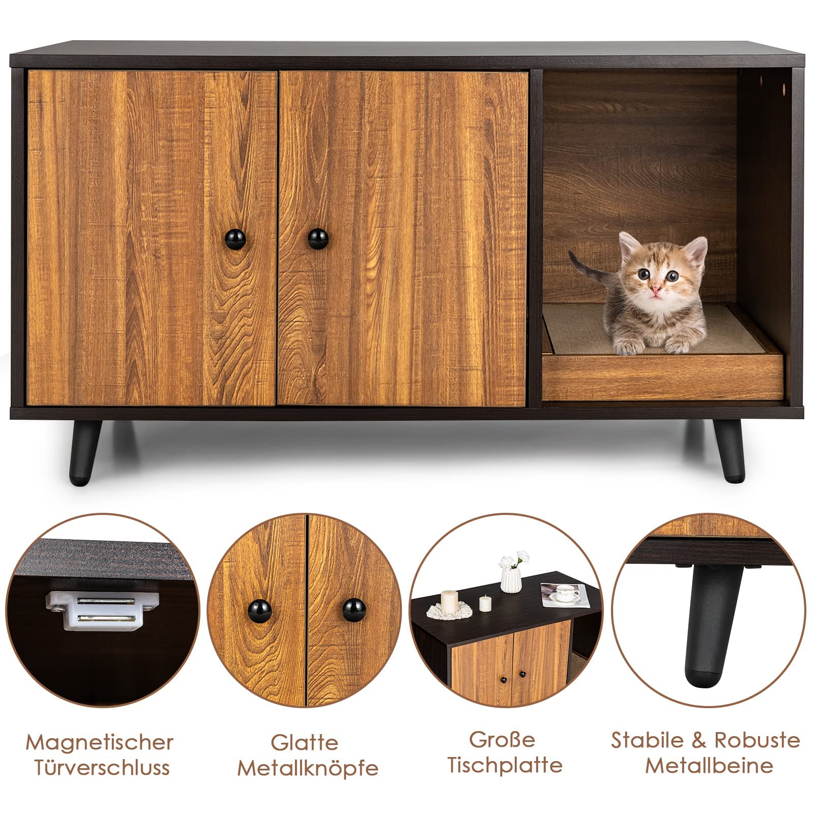 FANTASK Casetta laterale 2 in 1, tavolo e armadietto per gatti con 2 ante, tavolino da caffè e lettiera per gatti, in legno, con design impermeabile, buona circolazione dell'aria, 90 x 50 x 50 cm