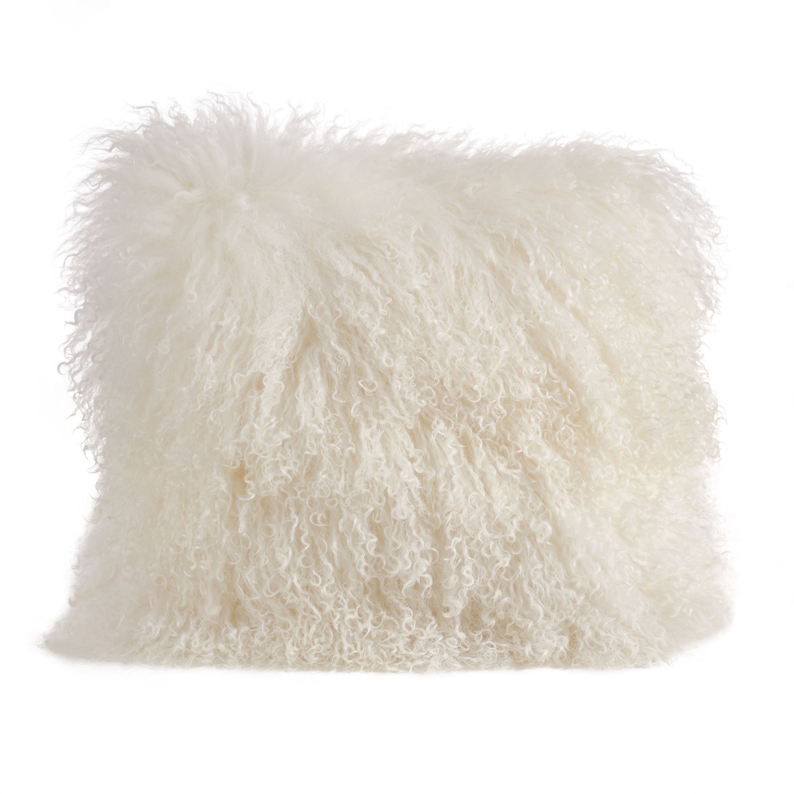 SARO LIFESTYLE 100% Wool Mongolian Lamb Fur Throw Pillow with Poly Filling, 20", Ivory