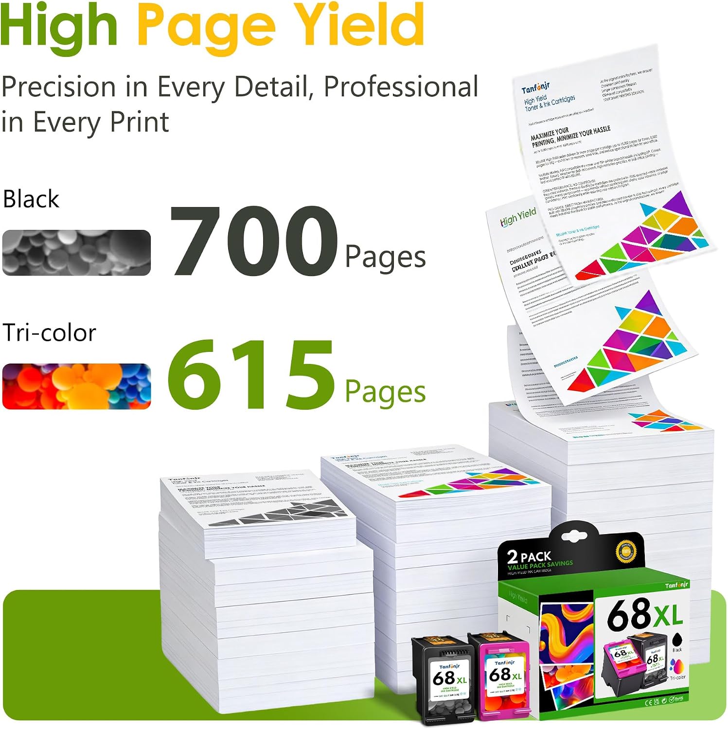 68XL (68e) Ink Cartridge Black/Color Combo Pack Replacement for HP Ink 68 68e Word for HP Envy 6155e, 6500e, 6552e, 6555e, 6558e, 6100e, 6152e Printer, High Yield 2 Pack