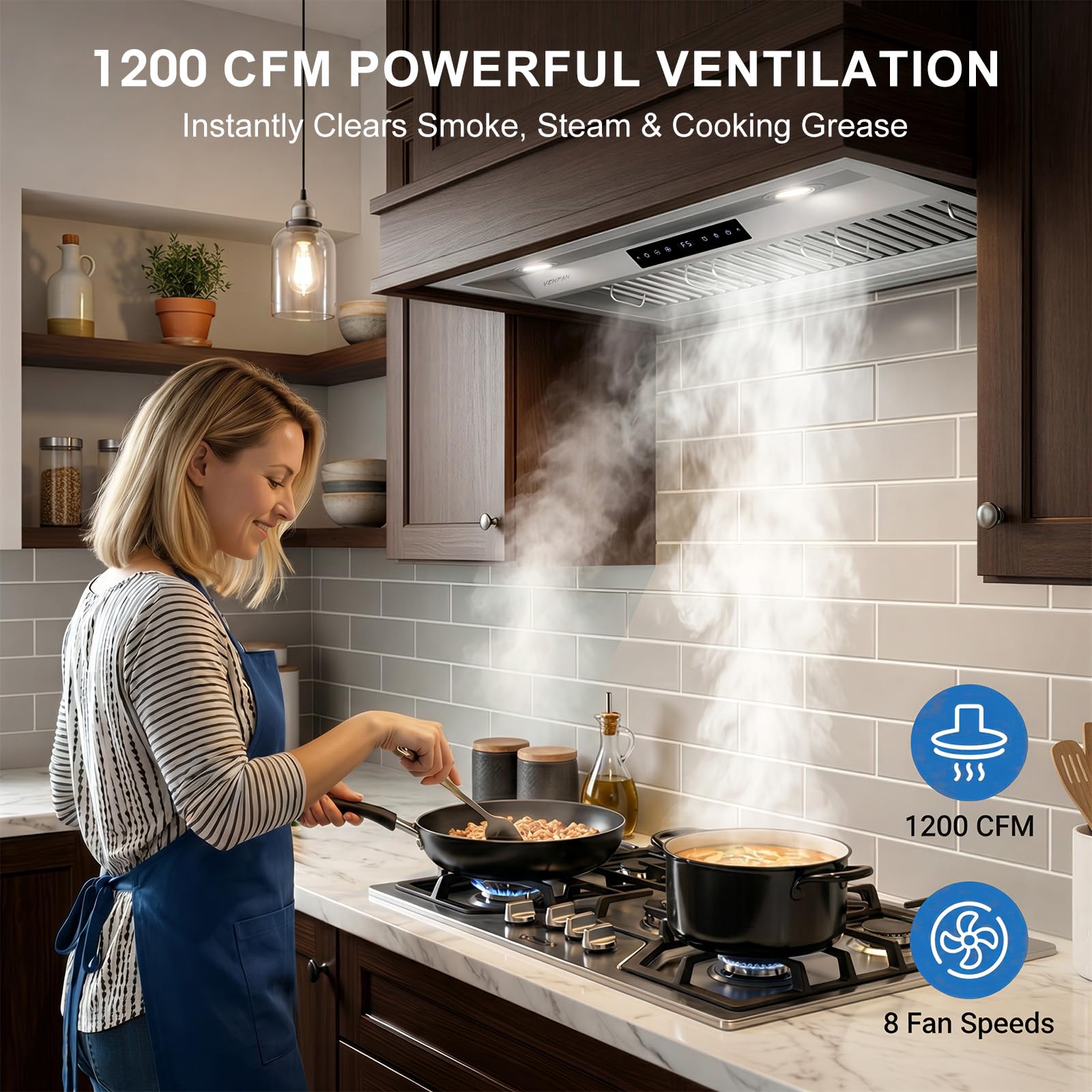 VENFAN 36 Inch Range Hood Insert, 1200 CFM Ultra Quiet Kitchen Vent Hood, Gesture & Touch Control, Ducted/Ductless Convertible, Stainless Steel with Memory Function - 2