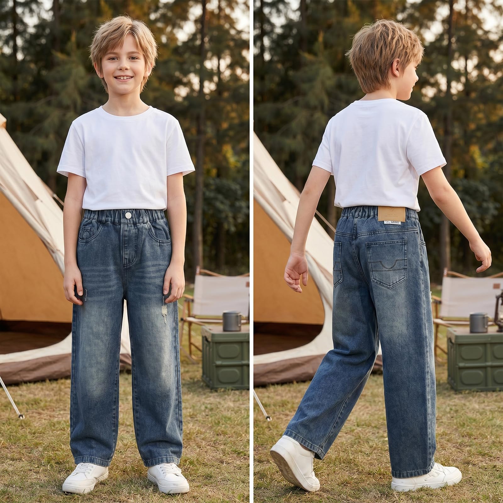 Jeans Baggy Ragazzo Bambino Pantaloni Denim con Vita Elasticizzata Tasche Multiple Casual Loose Fit Gamba Dritta Lunghi Jeans Moda Streetwear Vintage Denim Pants per Ragazzi 7-15 Anni