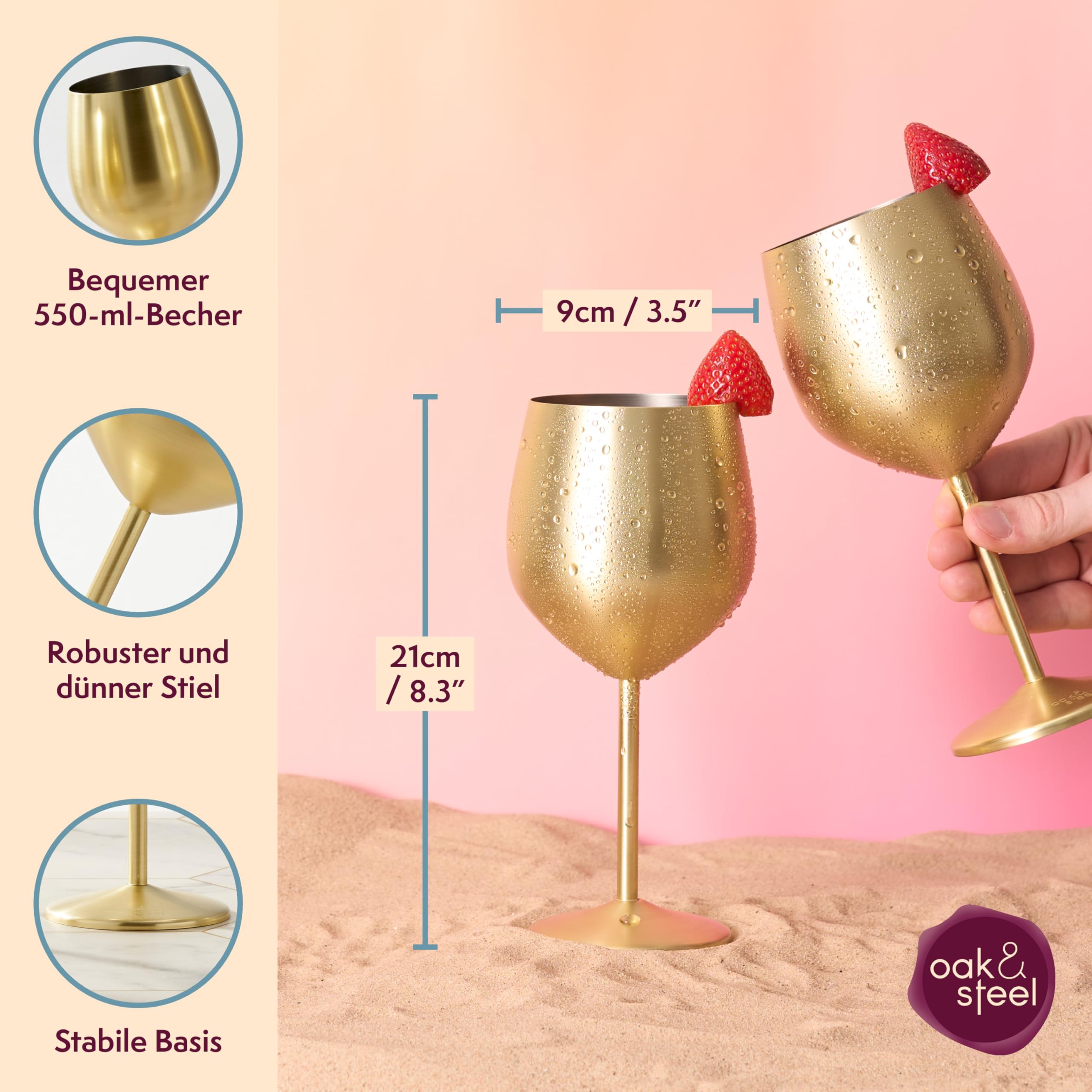 Oak & Steel - 4 Edelstahl Weingläser (540ml) - Gold Matte - Robust & Unzerbrechlich - Geschenkset für Geburtstage, Hochzeiten & Weihnachten