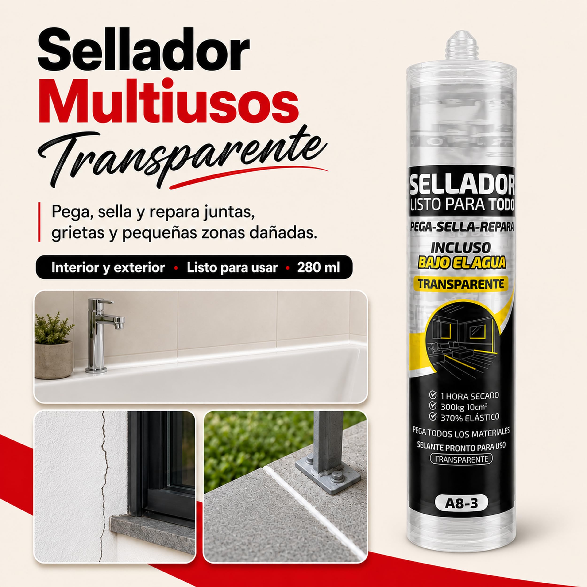 Sellador Multiusos Transparente 280 ml, Adhesivo Impermeable y Flexible para Juntas, Grietas y Reparaciones, Cerámica, Madera, Mármol y Cristal, Interior y Exterior, Pack de 12