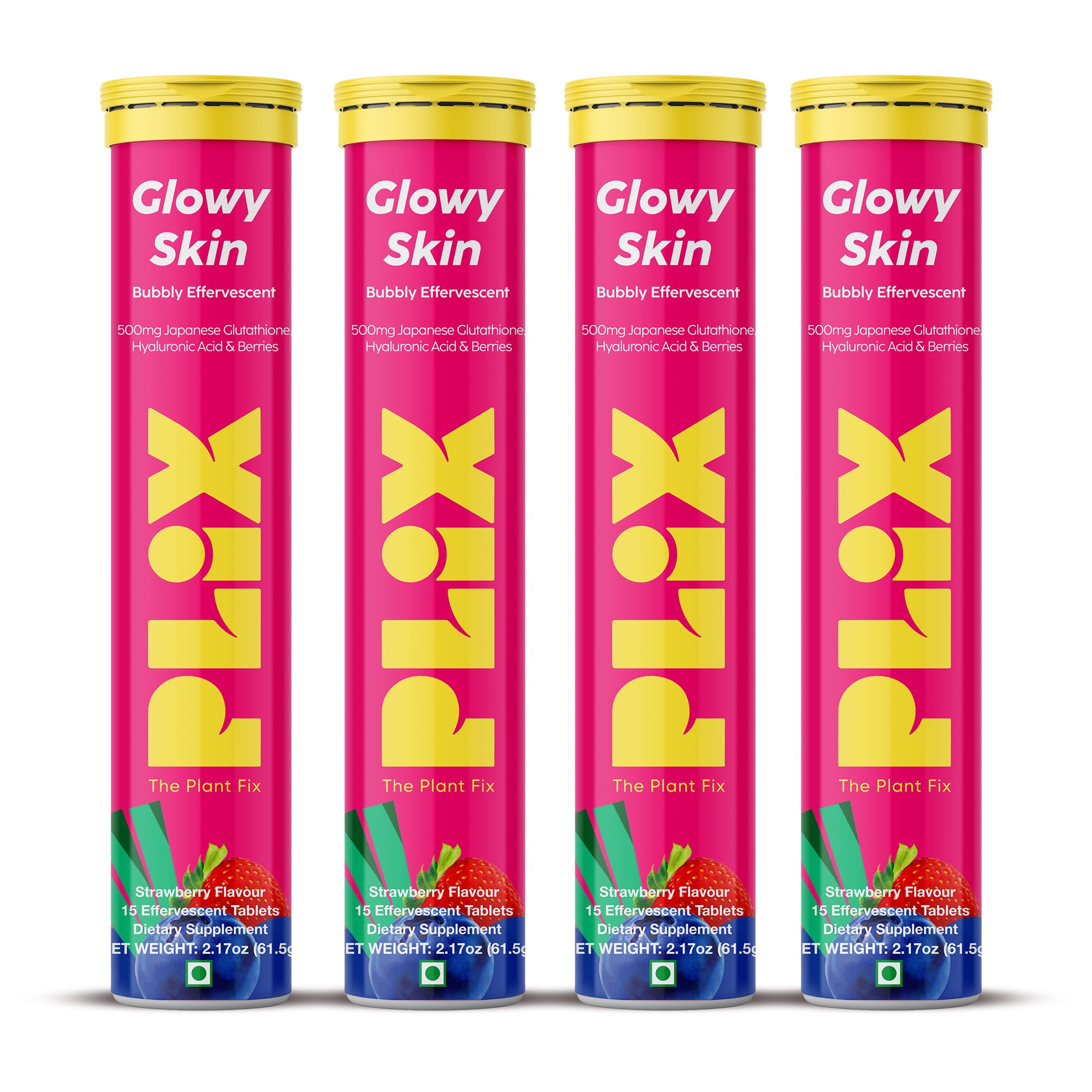 PLIX - The Plant FIX Glutathione Skin Glow 60 Effervescent Tablets 500mg for Clear and Youthful Skin | Vitamin E Reduces Pigmentation, Fades Dark Spots, Hydrates Skin | Pack of 4, Strawberry Flavour