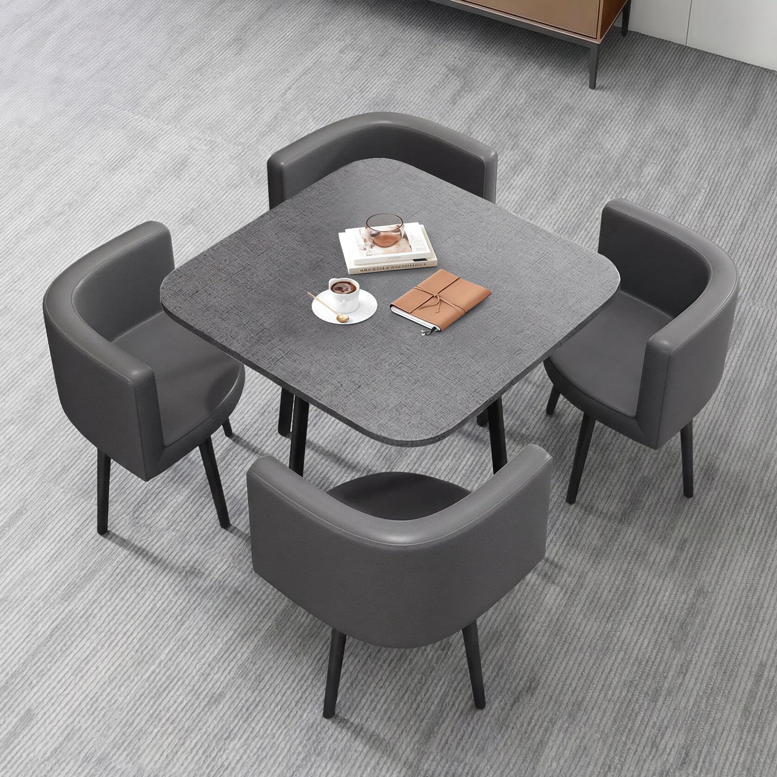 Essgruppe 5-Teilig, 80cm Quadratischer Esstisch und 4 Esszimmerstühle, Küchentisch aus MDF und Gepolsterter Stuhl für Küche, Wohnzimmer, Balkon, Restaurant, Büro, Quadratisch + Grau