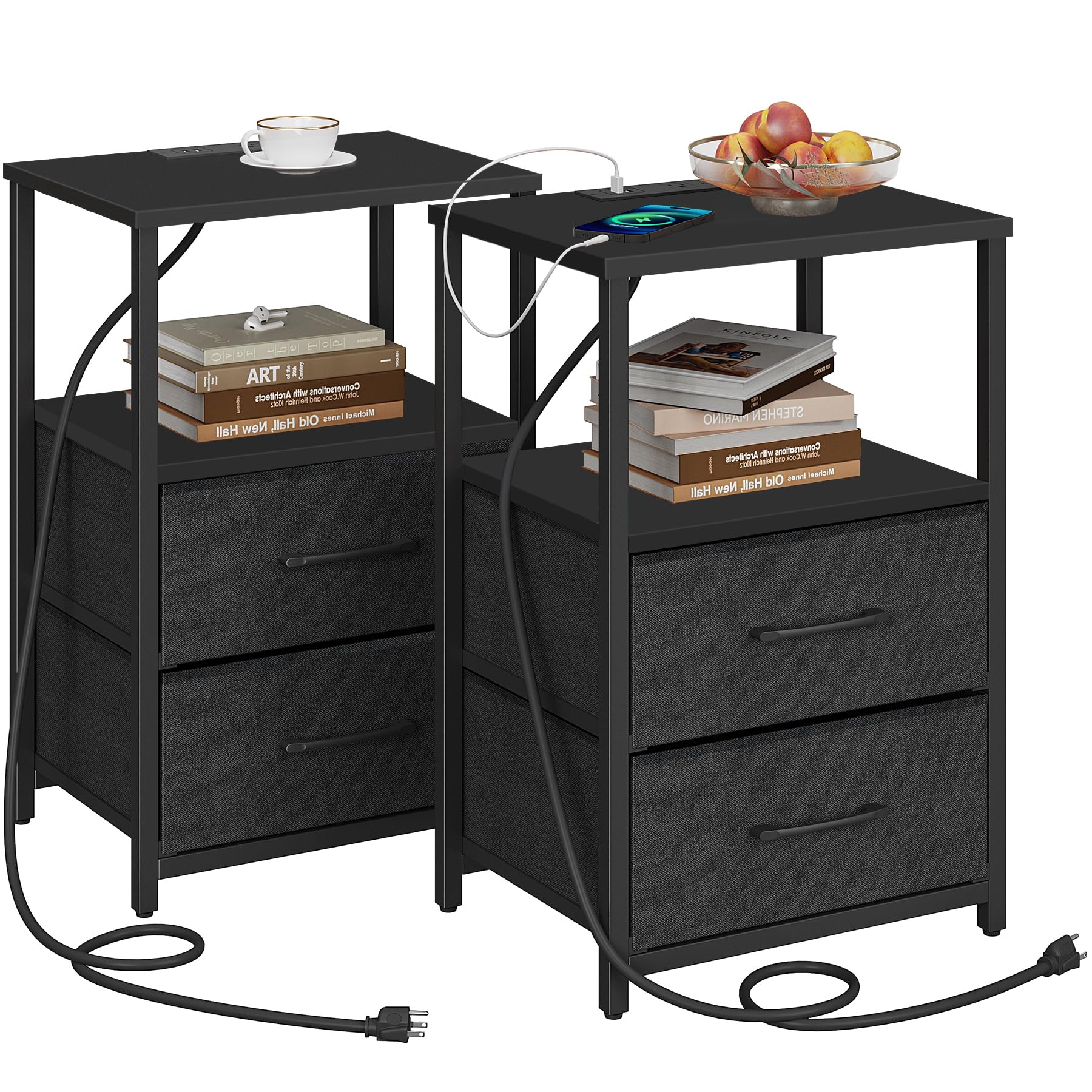TUTOTAK Bedside Table with Charging Station, Side Table with 2 USB Ports and Outlets, Nightstand with Cloth Drawer, Set of 2, End Table, Black TB01BK052UK