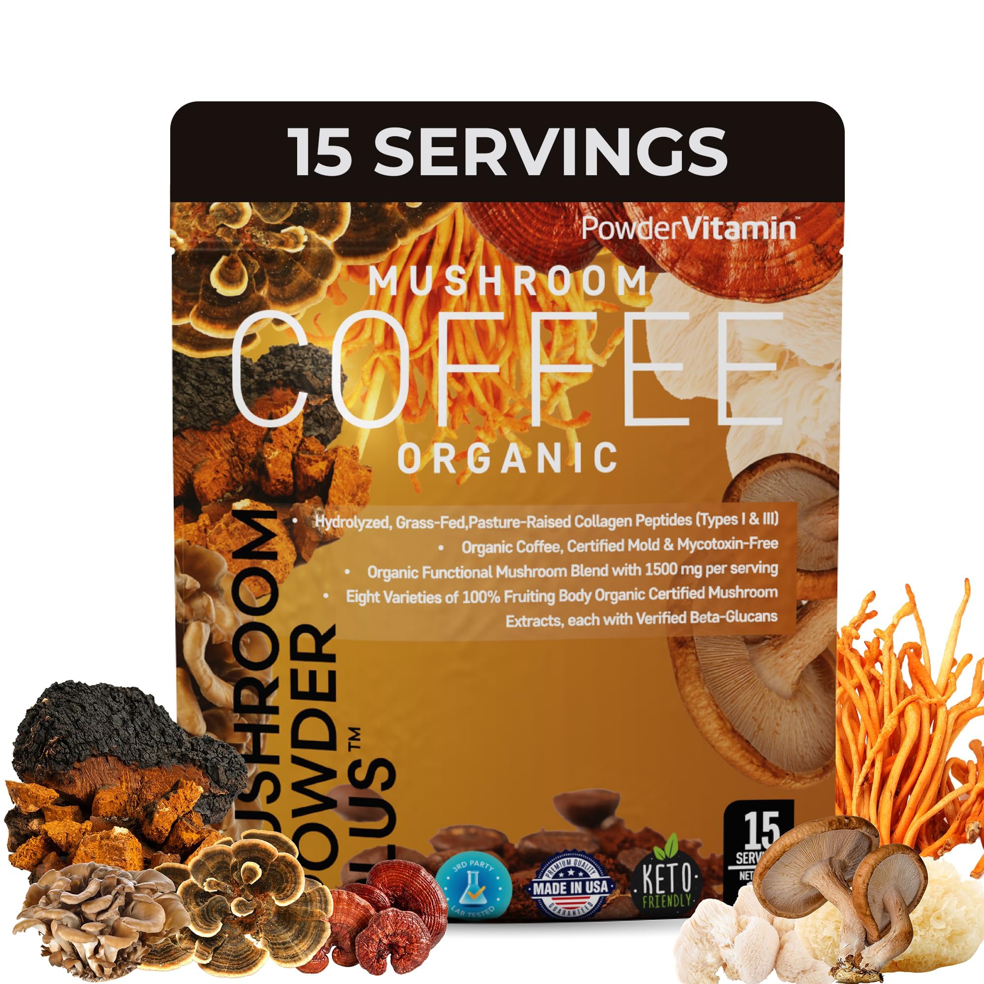 PowderVitamin Café Orgânico em Pó com Cogumelos e Colágeno, 15 porções, 126 g