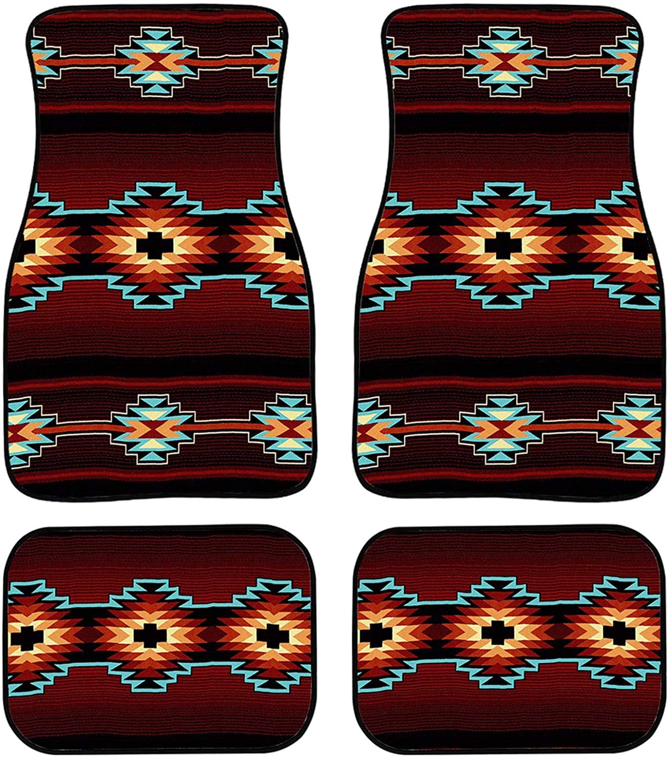 SEANATIVE Etniczne plemienne 4-pakiety zestaw dywaników samochodowych samochodowych, aztecka geometria nadrukowane akcesoria do wnętrz miękkie wygodne dywaniki do większości samochodów samochodowych