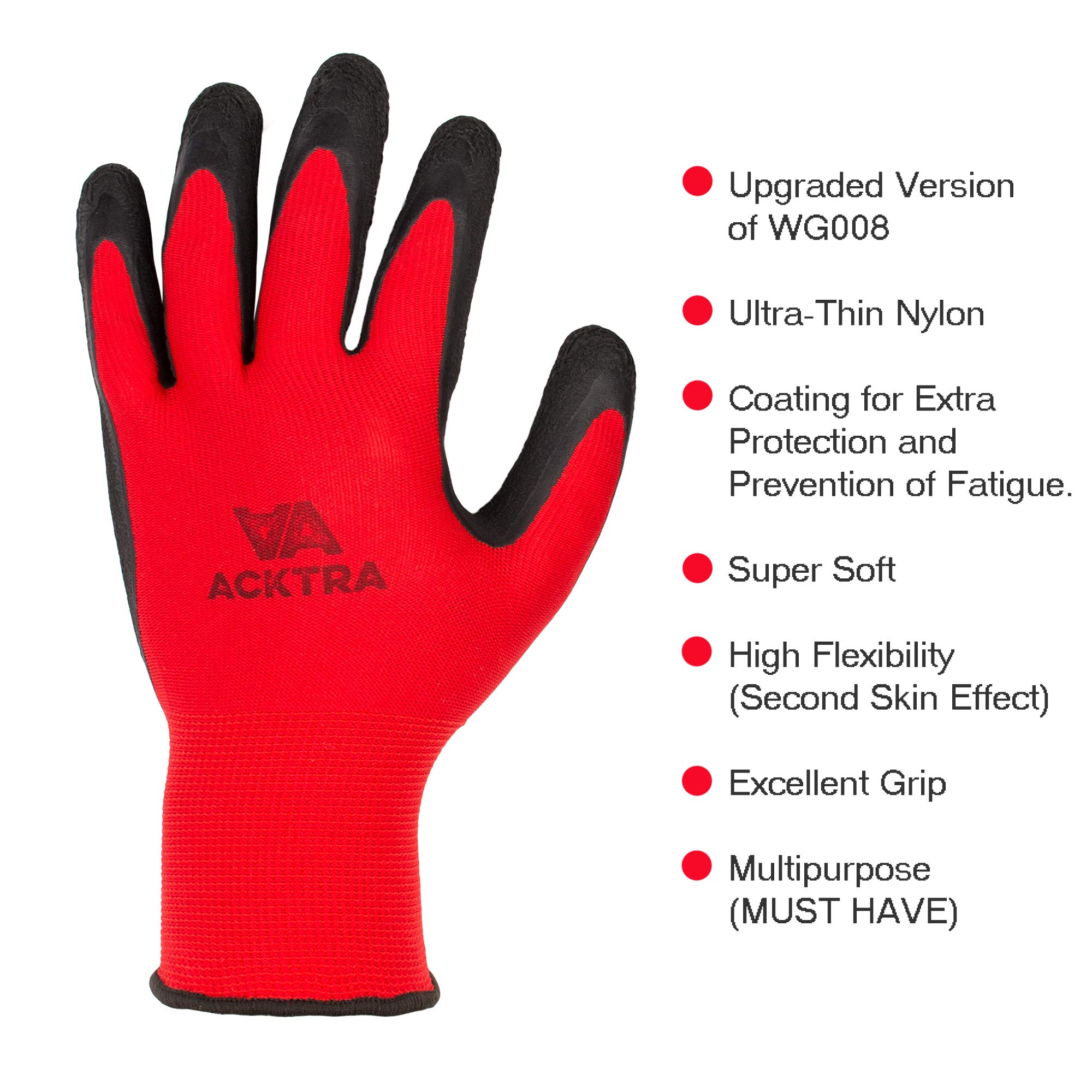 ACKTRA Guantes de trabajo de seguridad de nailon recubierto, 12 pares, puño de muñeca de punto, multiusos, para hombres y mujeres, WG009 poliéster rojo, látex negro, talla S