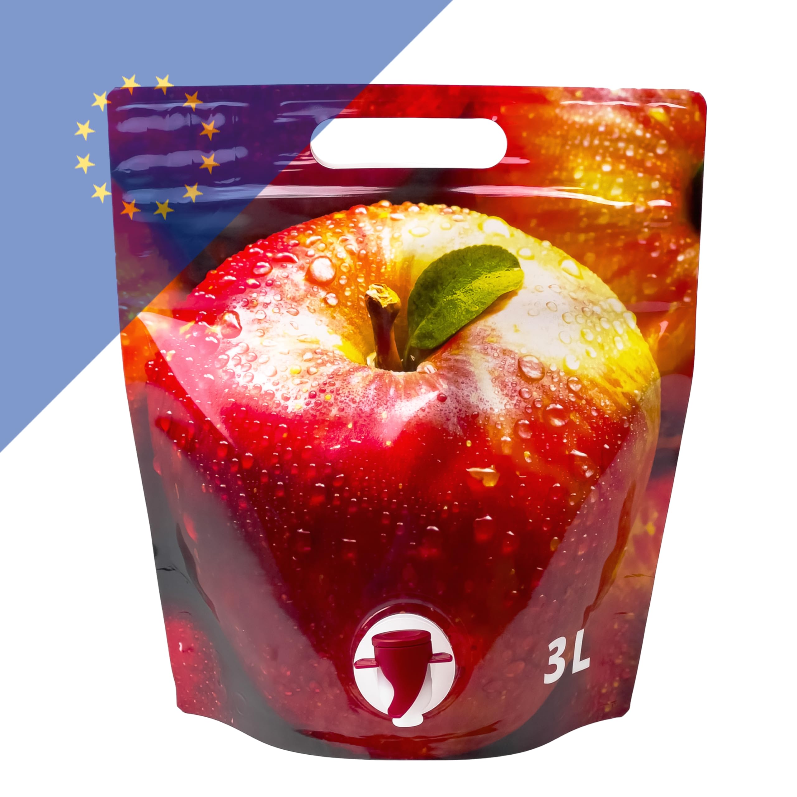 50 Stk. Standbeutel 3L mit Apfelmotiv – Bag in Box – Auslaufhahn & Tragegriff – BPA-frei – Ideal für Saft, Wein, Flüssigkeiten – Wiederverwendbarer Getränkebeutel