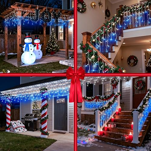 Miniatura 8 de 666 luces LED de Navidad para exteriores, tira de luces azules y blancas de 66 pies para interiores con 148 caídas, 12 modos, luces de cortina