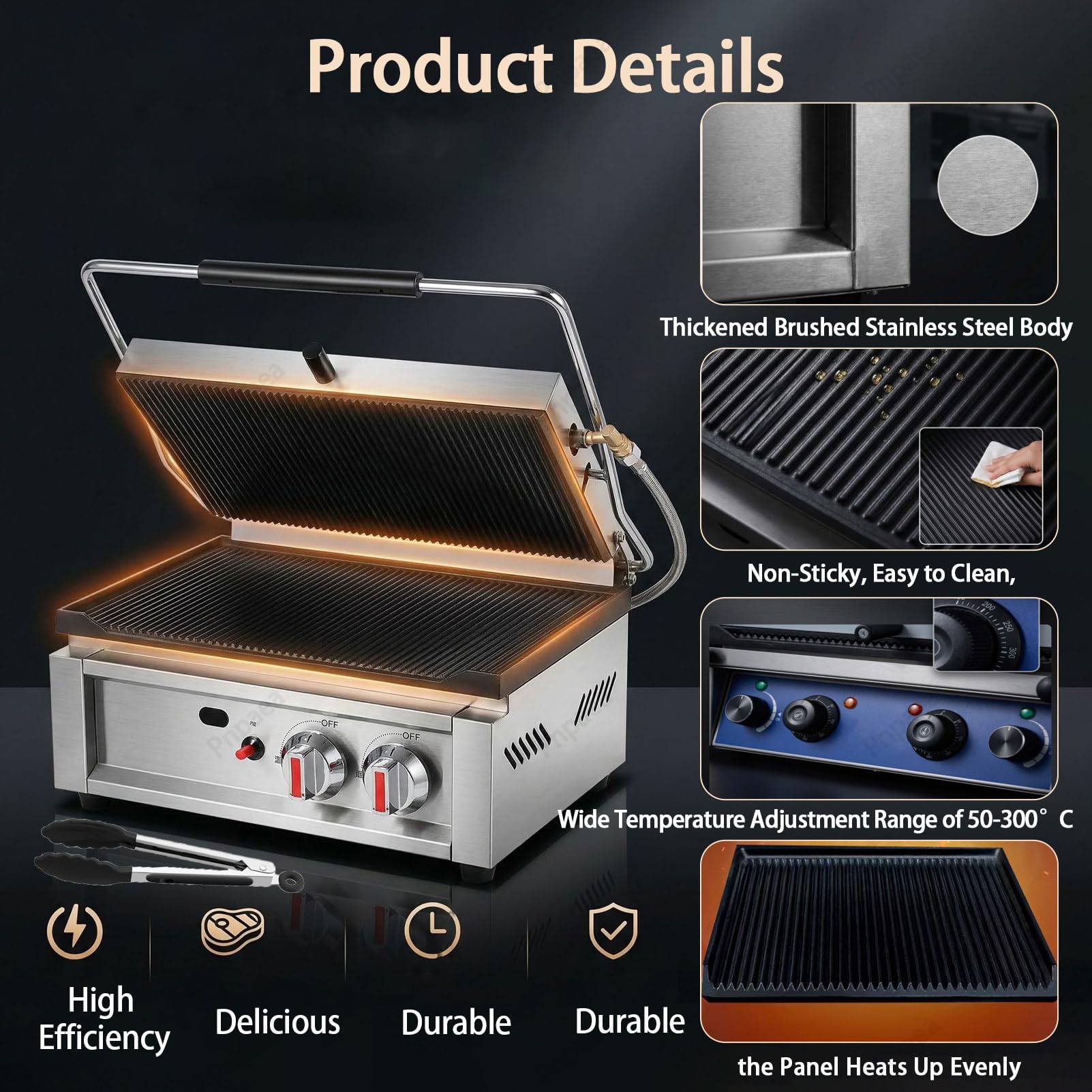 Plancha Grill Doble Salamandra para HosteleríA Superficie Ondulada,Temperatura Funcionamiento: 50-300 °C,para Cocinar Verduras, Carne, Filetes ElectricHeating