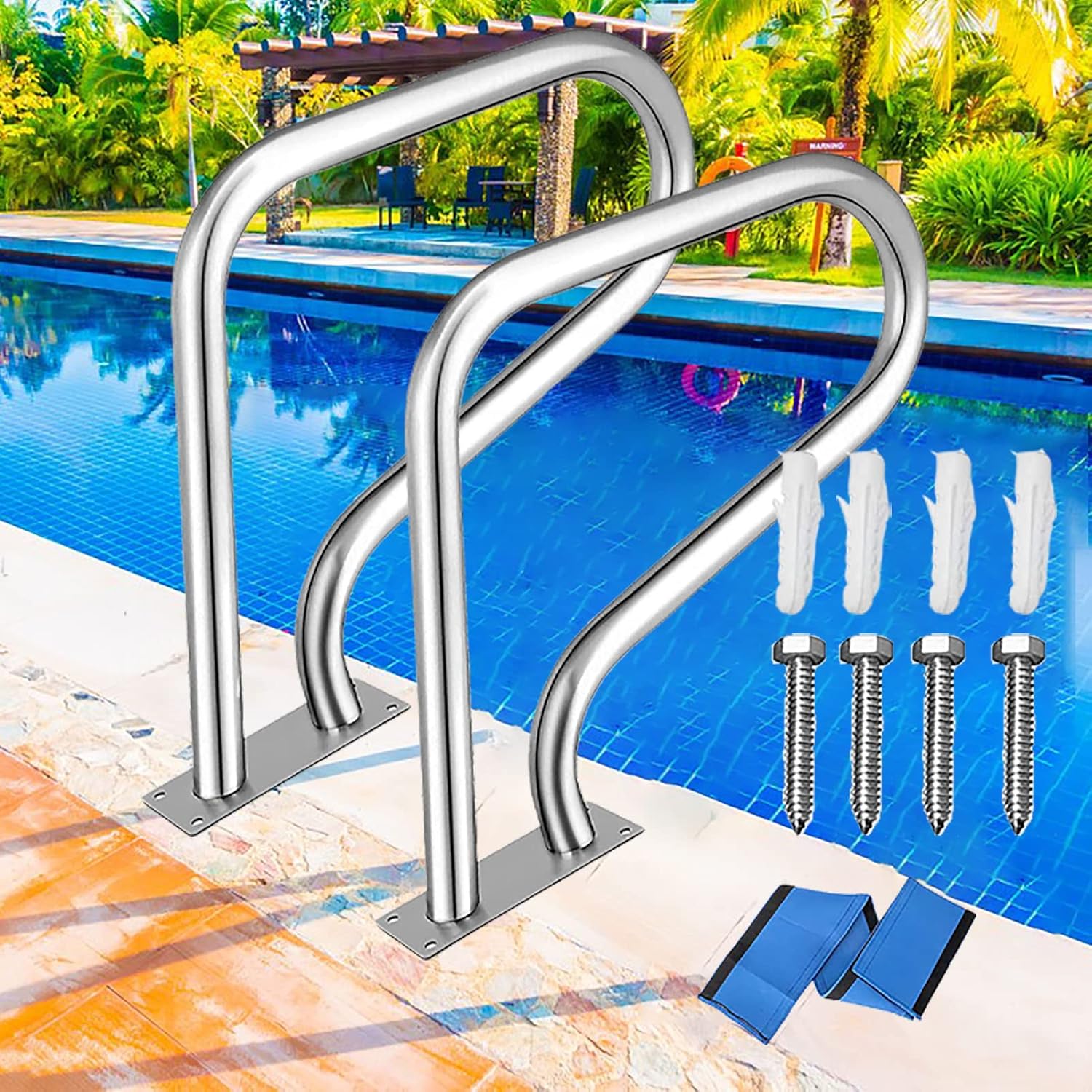 81 * 58cm Pool Safety Handrails, 304 Stainless Steel Swimming Pool Railing with Nylon Grip Cover and Anchors Screws Easy to Instal for Inground Pool Entry