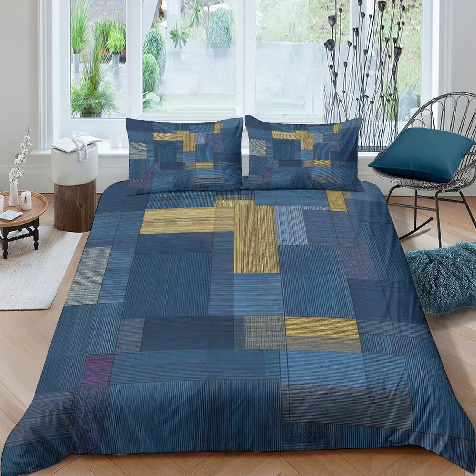 Ctjqhvkz Style-3 3D Printed Geometric Patchwork Fitted Sheet Microfiber Blue Yellow Modern Block Mattress Cover Bedroom Dorm Decor Single（135X200cm）
