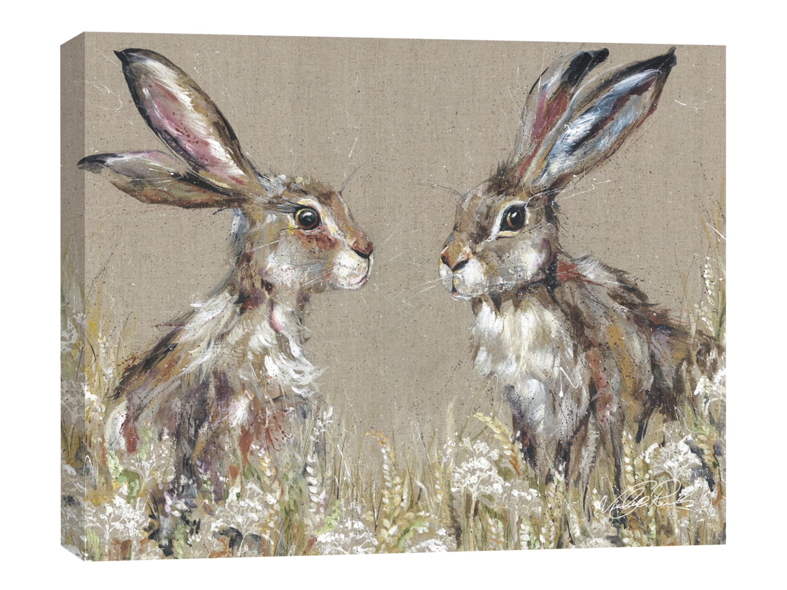 Artko Artistic Hares & Wildflowers Canvas Wall Art - 'Hartley & Harriet' by Nicola Jane Rowles - Charming Animal Print - Ready to Hang Home Décor - 30cm x 40cm