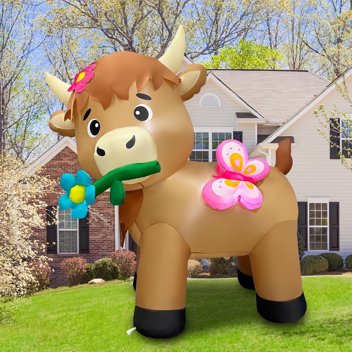 5FT Spring Inflatable Highland Cow with Flowers and Butterflies, Built-in LED Lighted Blow Up Yard Decor, Easter Inflatables Outdoor Decorations for Garden Lawn Party and Holiday Display