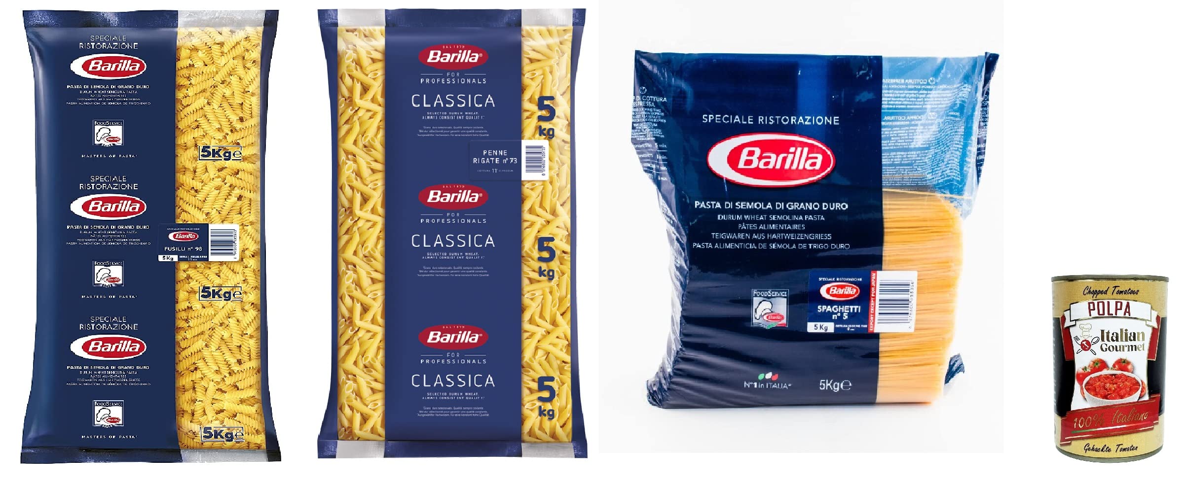 Pasta Barilla Fusilli Spaghetti Penne rigate Ristorante italiano, fideos 5 kg + Polpa italiana Gourmet