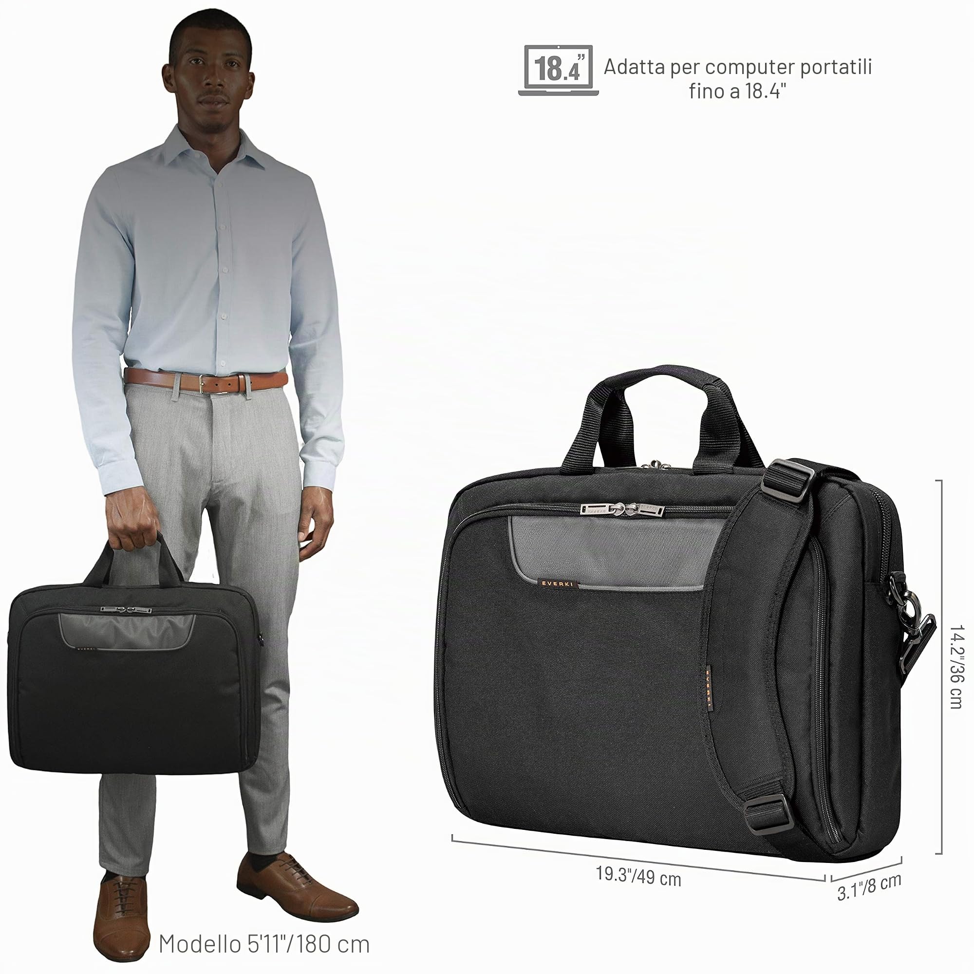 Everki Advance valigetta per laptop 18,4" – valigetta business per donna e uomo, ideale per viaggio, borsa messenger robusta – Nero (EKB407NCH18)