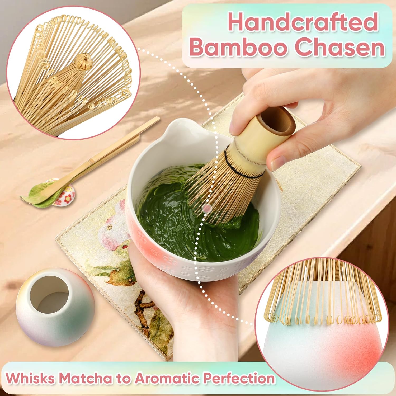 Matcha Whisk Set – 8 Pcs Matcha Set with Matcha Bowl, Sifter, Bamboo Whisk (Chasen) and Holder, Scoops and Rest, Tea Towel – Tea Making Kit for Traditional & Modern Matcha Drinks (Rainbow)