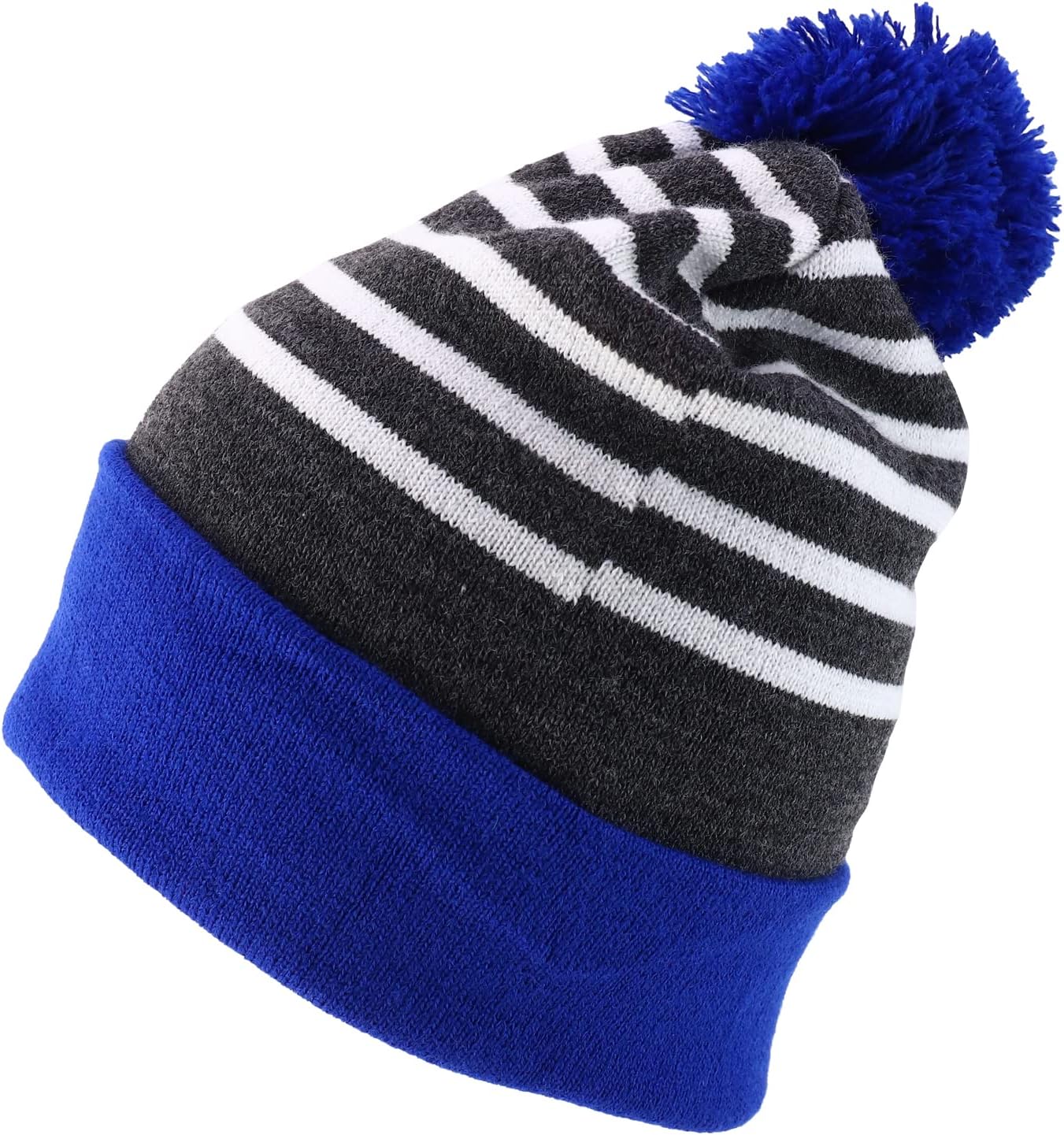 Trendy Apparel Shop Made in USA Split Stripes Pattern Pom Pom Long Cuff Beanie