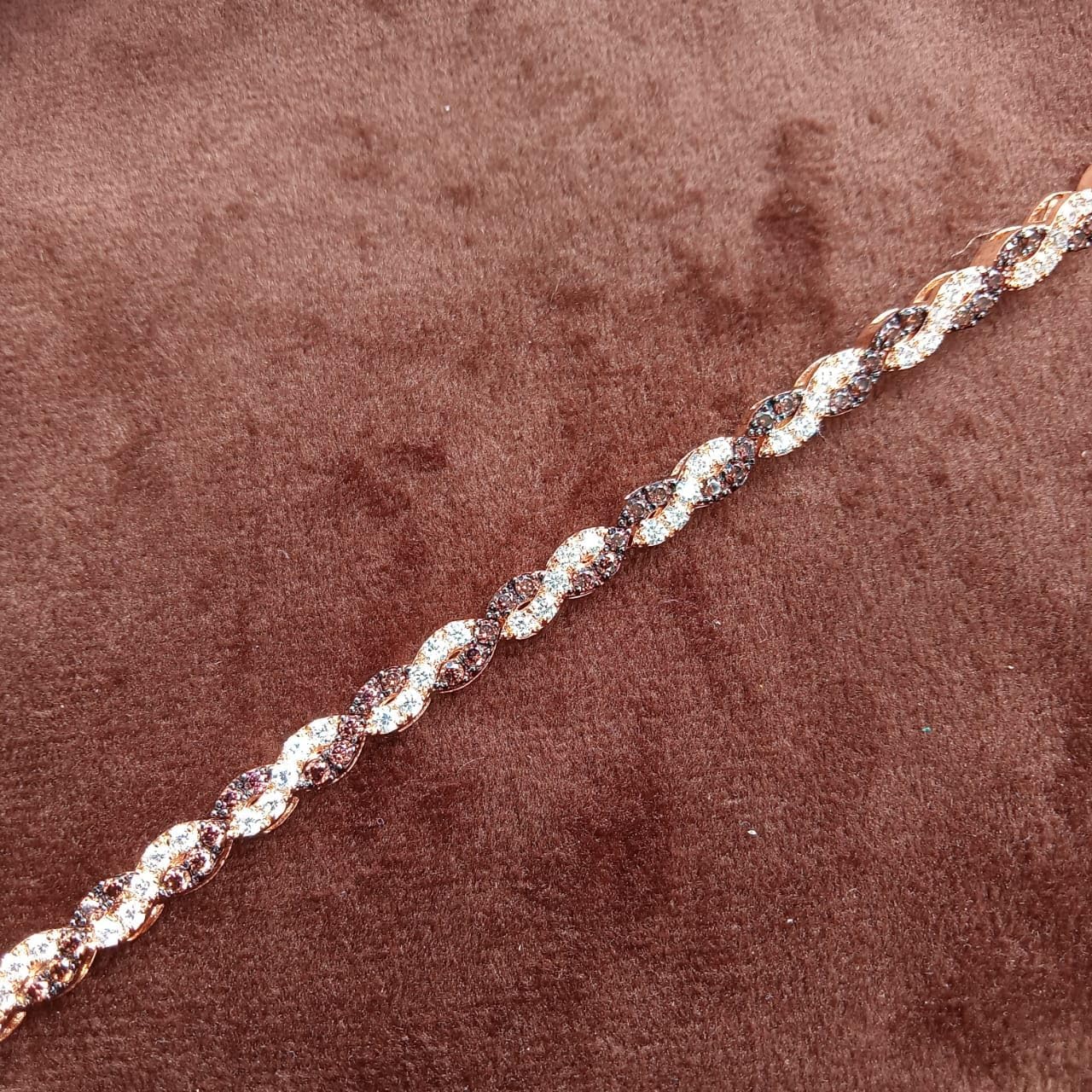 12 Carat Round Shape Simulated Brown and White Diamond Intertwined Wedding Engagement Tennis Bracelet In 14K Rose Gold Plated
