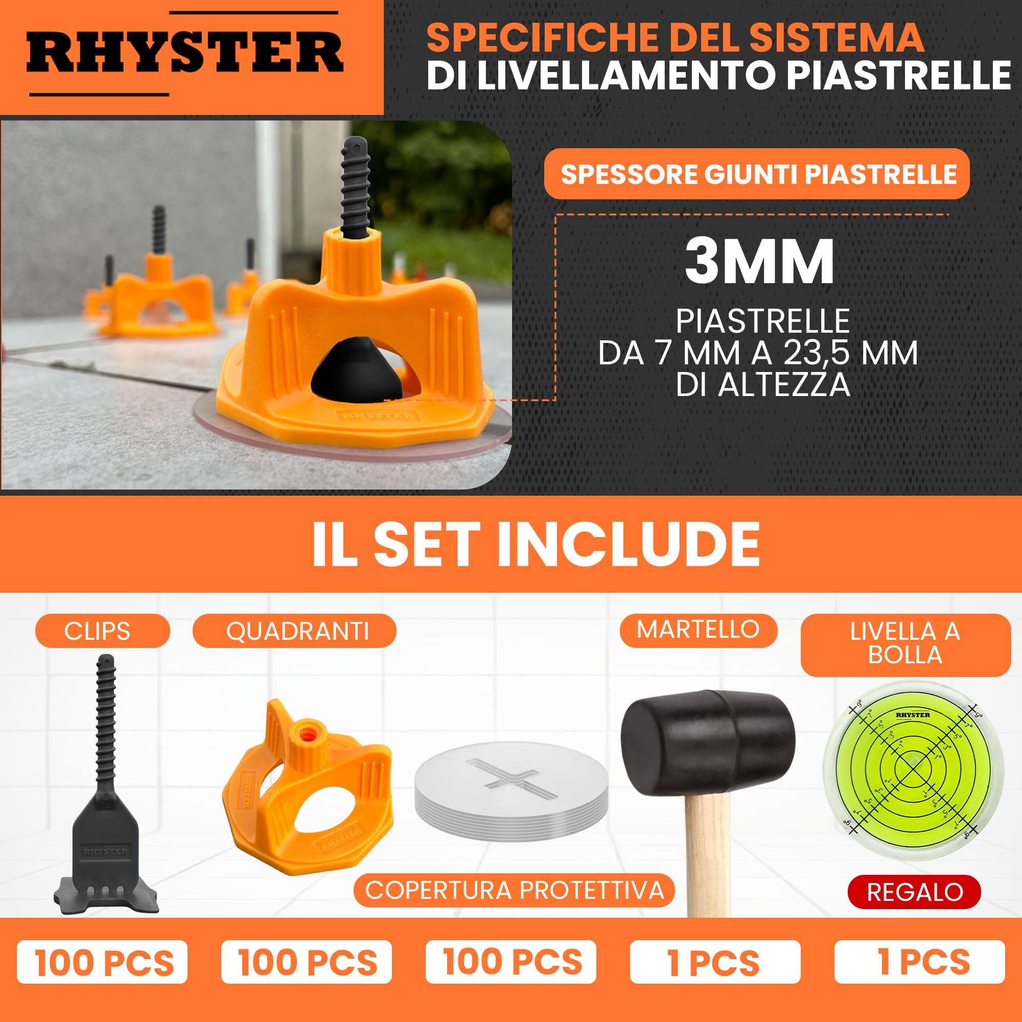 Kit di crocette autolivellanti da 3 mm – Starter Pack - 302 unità - Posa piastrelle | 100 clip + 100 quadranti + 100 protezioni + martello + livella a bolla in omaggio | Posa facile e precisa