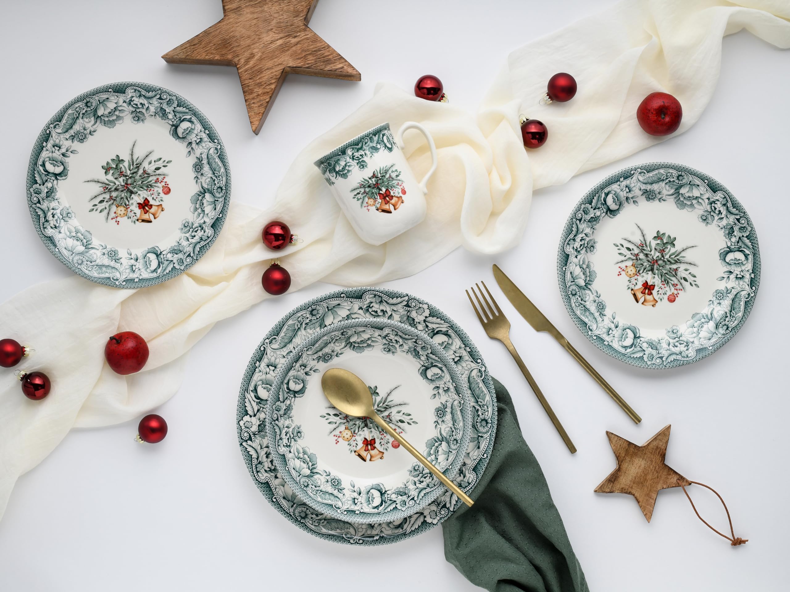 CreaTable, 16959, Série Noël Vert, Set de vaisselle 16 pièces, service combiné en faïence