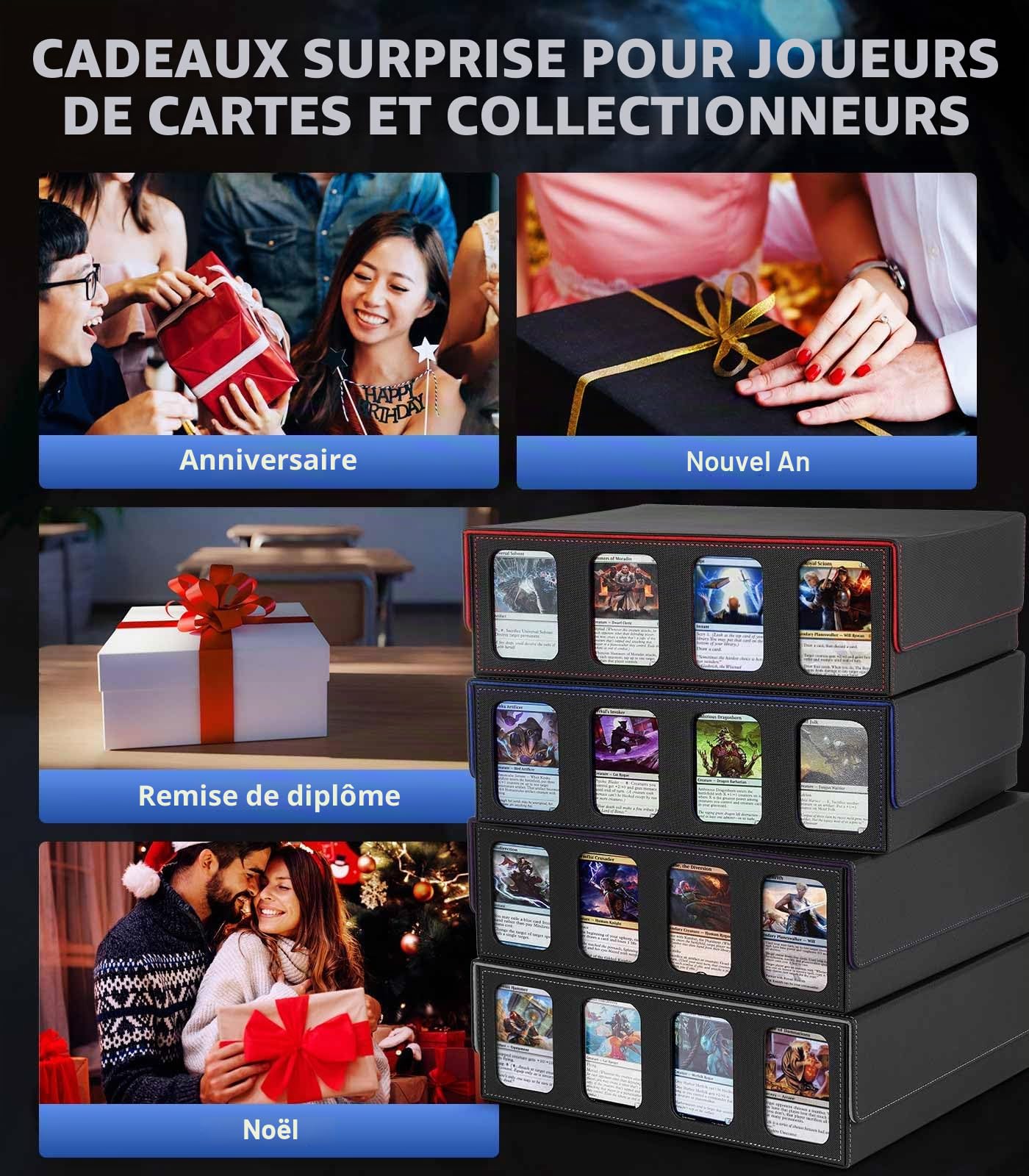 MoKo Boîte de Rangement pour Cartes à Collectionner, 3000+ Cartes MTG avec 24 Séparateurs & 4 Supports de Carte, Étui de Cartes avec Fenêtre d'Affichage pour Carte de Jeu Magiques, YugiOh, Noir+Bleu