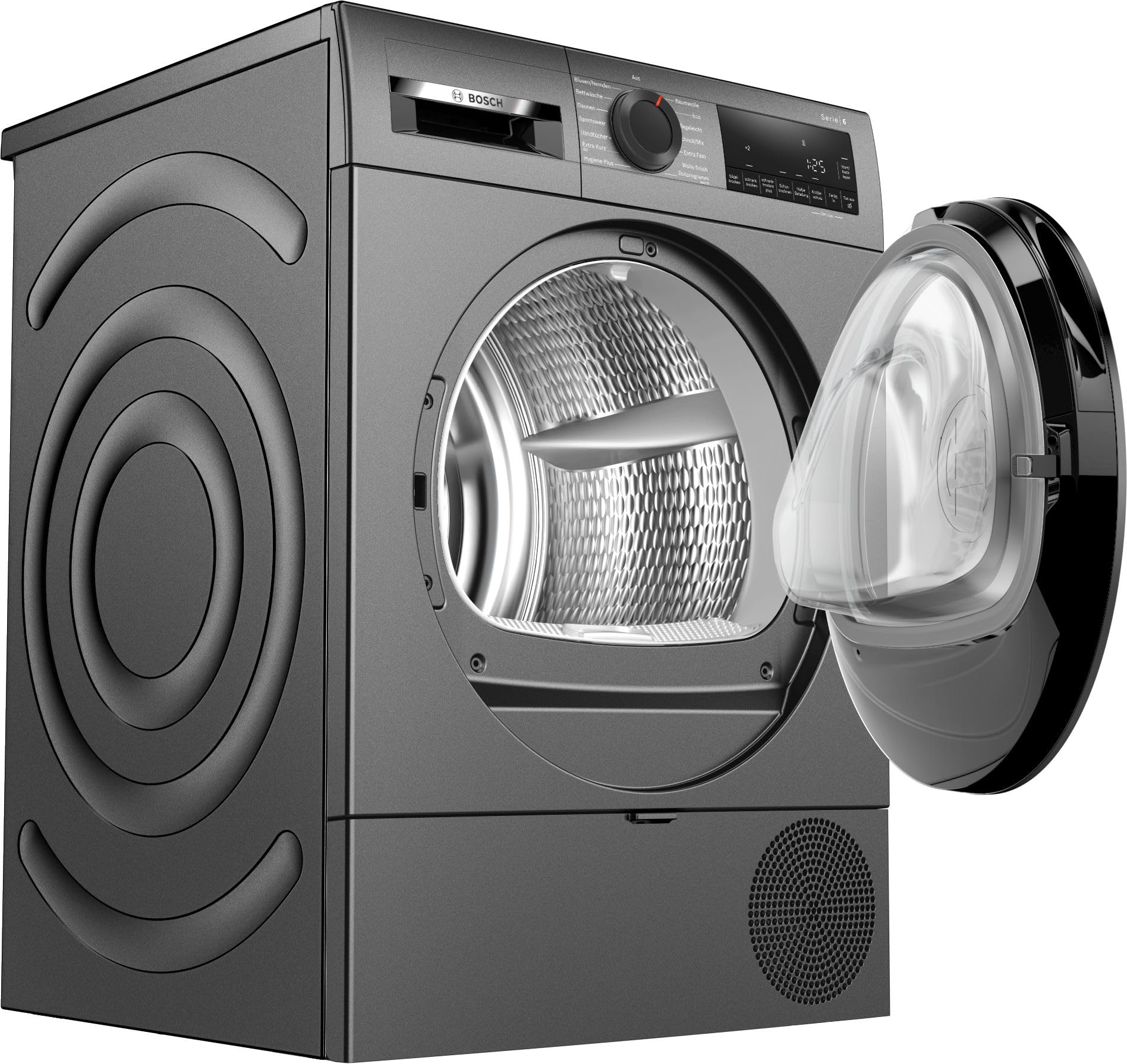 Bosch WQG243DR10 Serie 6, Wärmepumpentrockner 9 kg, Extra Kurz Trockenprogramm, Halbe Beladung Option, Auto Dry, Easy Clean Filter, Sensitive-Drying-System, Trommelreversierung, Innenbeleuchtung, Grau