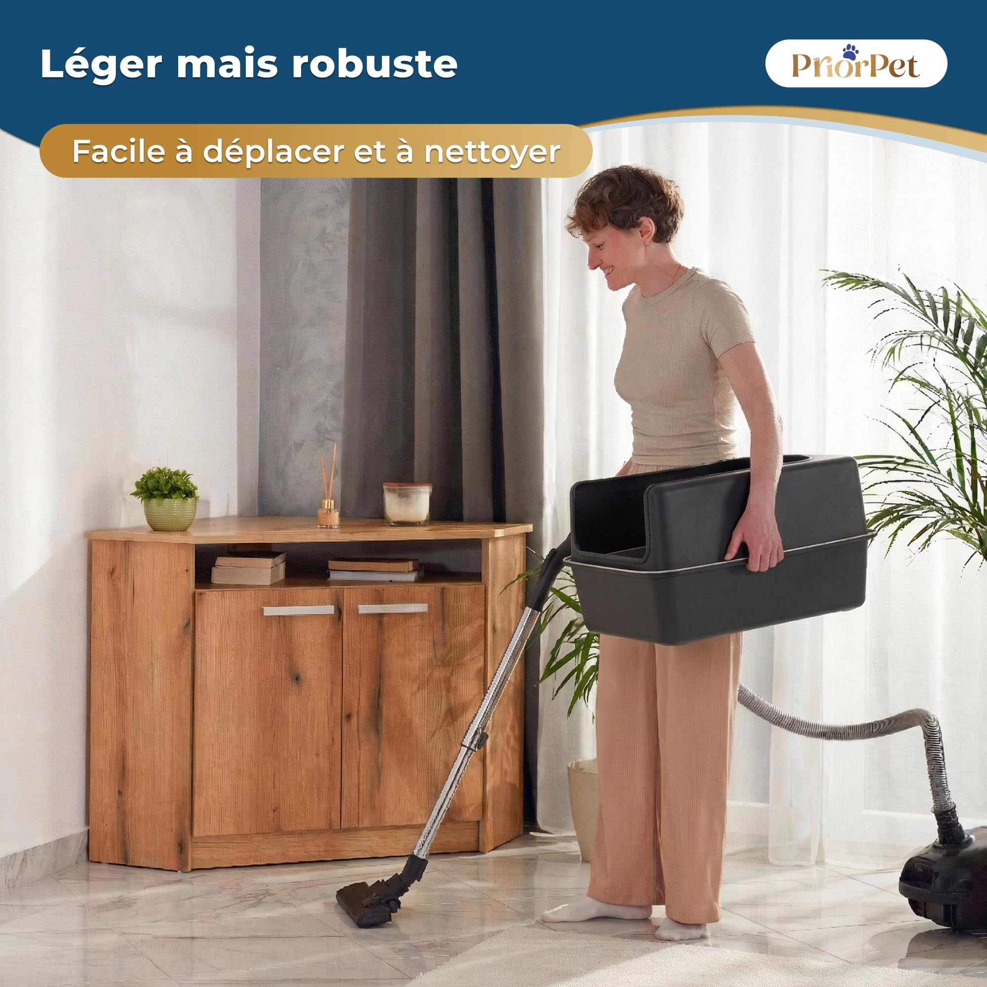 Bac à litière Chat INOX XXL Noir Mat – Facile à Nettoyer, Anti-odeurs – Litière avec Bords Hauts, 38L – Anti-Fuite, antiadhésif – avec Pelle et Tapis