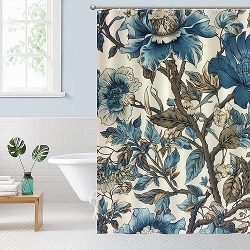 Miniatura 193 de Cortinas de ducha de baño con ganchos, 72 x 92 pulgadas, cortina de ducha de tela impermeable con diseño de flores y pájaros, cortina de ducha