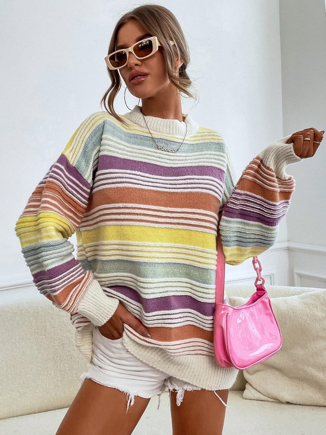 Women's Sweater Striped Pattern Colorblock Drop Shoulder Mock Neck Sweater Sweater for Women (Color : Multicolor, Size : Medium)