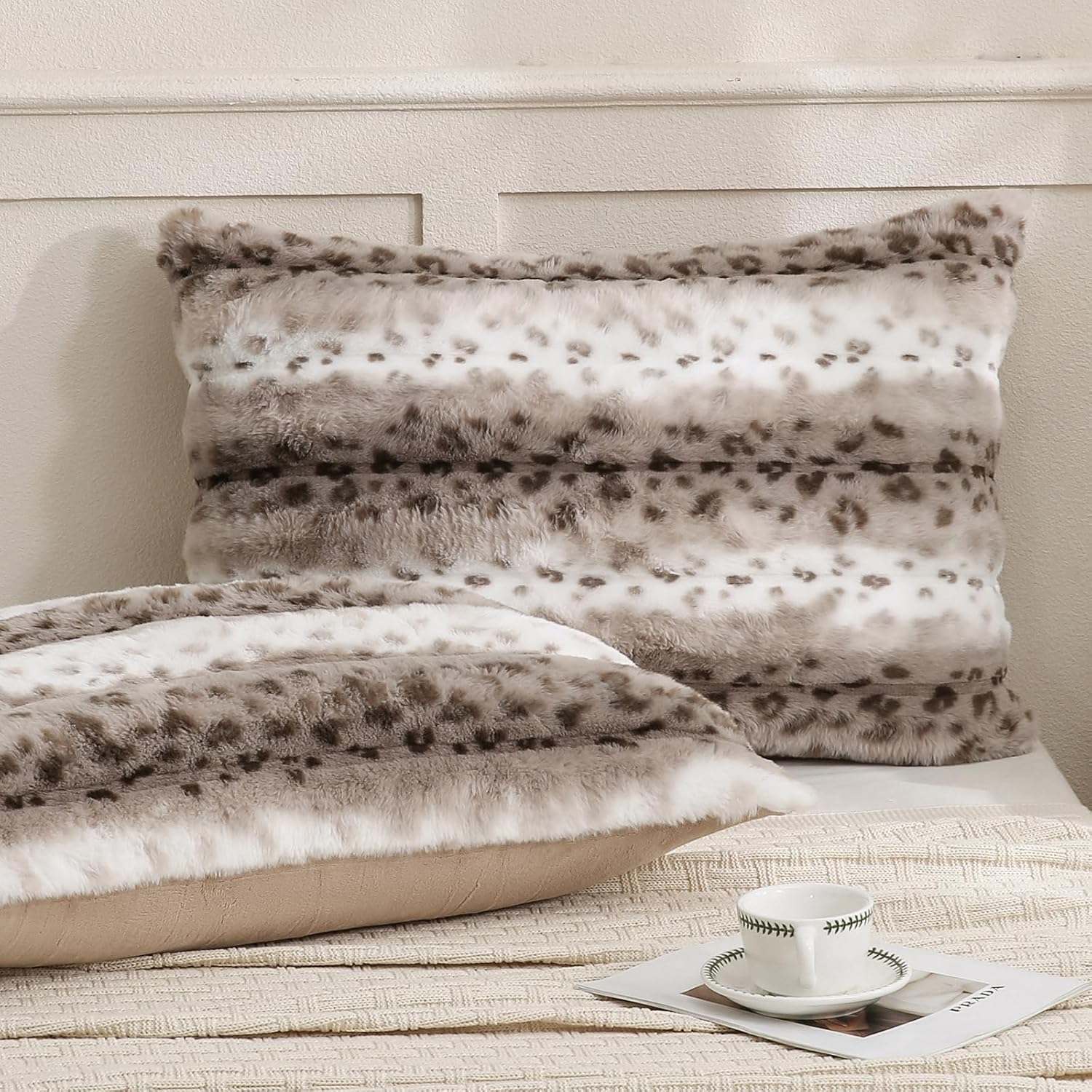 Fuzzy Faux Fur Pillow Case Plush Shaggy Pillow Cover Plaid Check Texture Extra Soft Fluffy Faux Rabbit Fur Fabric Brown Decorative Pillowcases for Bed Couch Sofa, 20 x 30 Inches