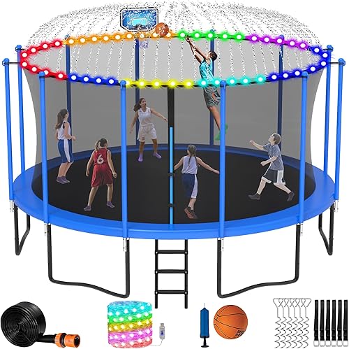 LHX Tranpoline de 8, 10, 12, 14, 15, 16 pies, para adultos y niños, tranpolina de 1500 libras con red de recinto, aro de baloncesto y pelota,