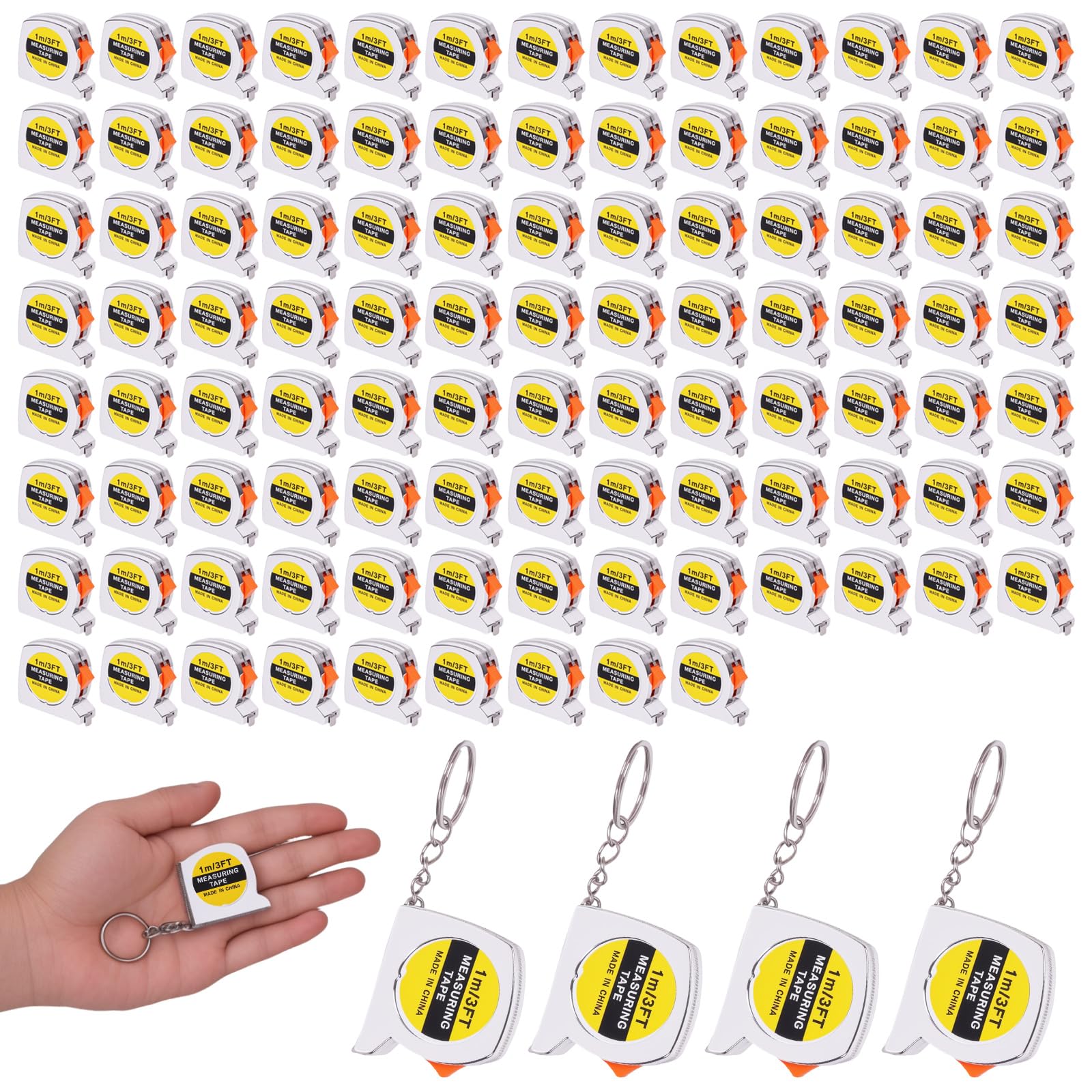 Photo 1 of 100 Pcs Mini Tape Measure Keychains, 1.5 Inch Retractable Measuring Tapes with Slide Lock, 1m/3ft Ruler Key Rings for Party Favors, DIY Projects, Gifts, Classroom Rewards, Bulk Event Supplies