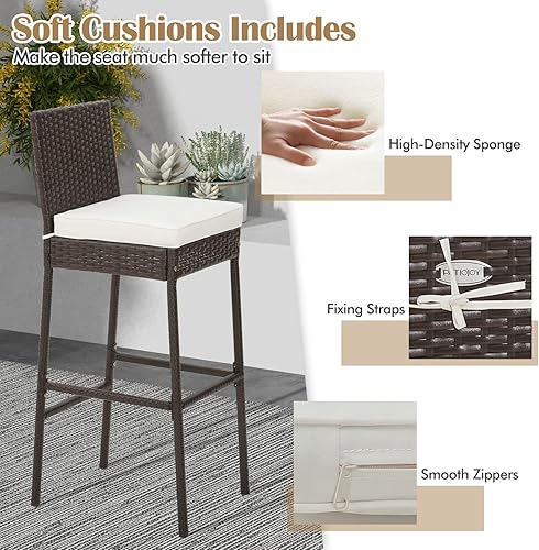 Miniatura 5 de Tangkula Juego de 2 taburetes de mimbre para patio, silla de bar para exteriores con cojín de asiento suave y reposapiés acogedor, marco de metal