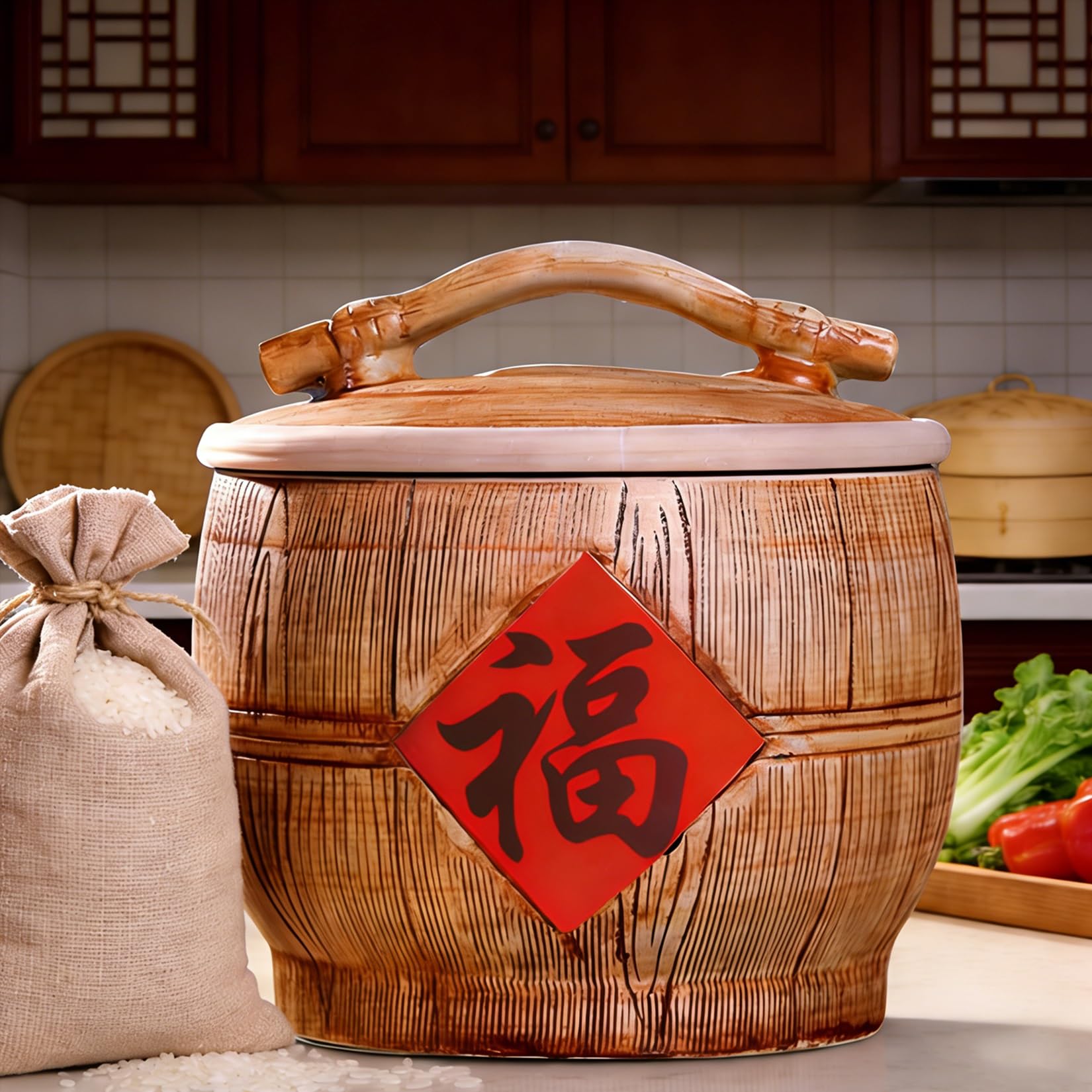 MMleYN Airtight Ceramic Rice Bucket With Lid Large Capacity Porcelain Food Container Multi-Purpose Jar For Rice Soybeans Corn Flour Oatmeal Kitchen(D,10kg)