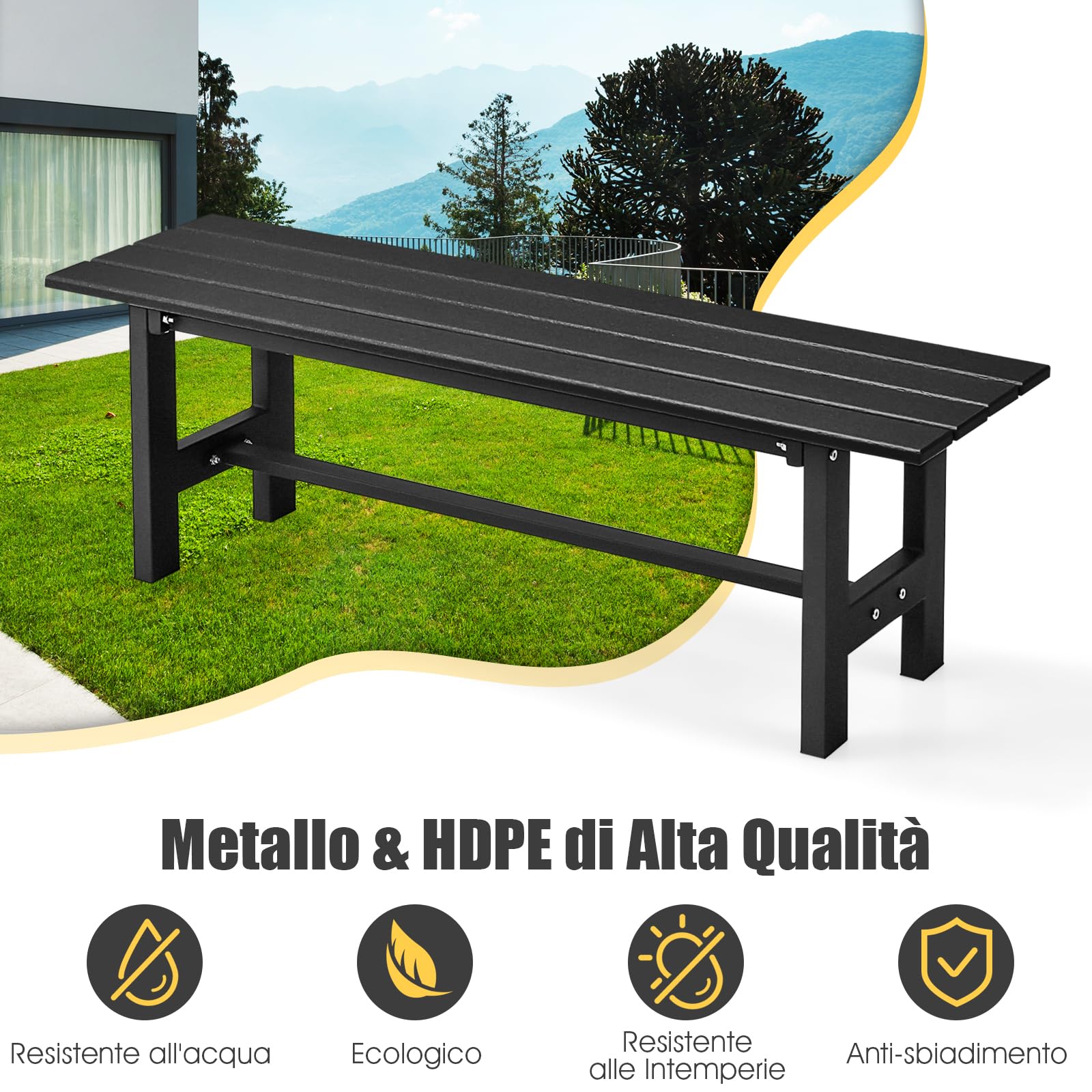 COSTWAY Panchina da Esterno con Sedile HDPE, Panca da Giardino con Telaio in Metallo Verniciato a Polvere, Panchina da Giardino, Parco e Balcone, Portata 300 kg, 120 x 36 x 40,5 cm (Black)