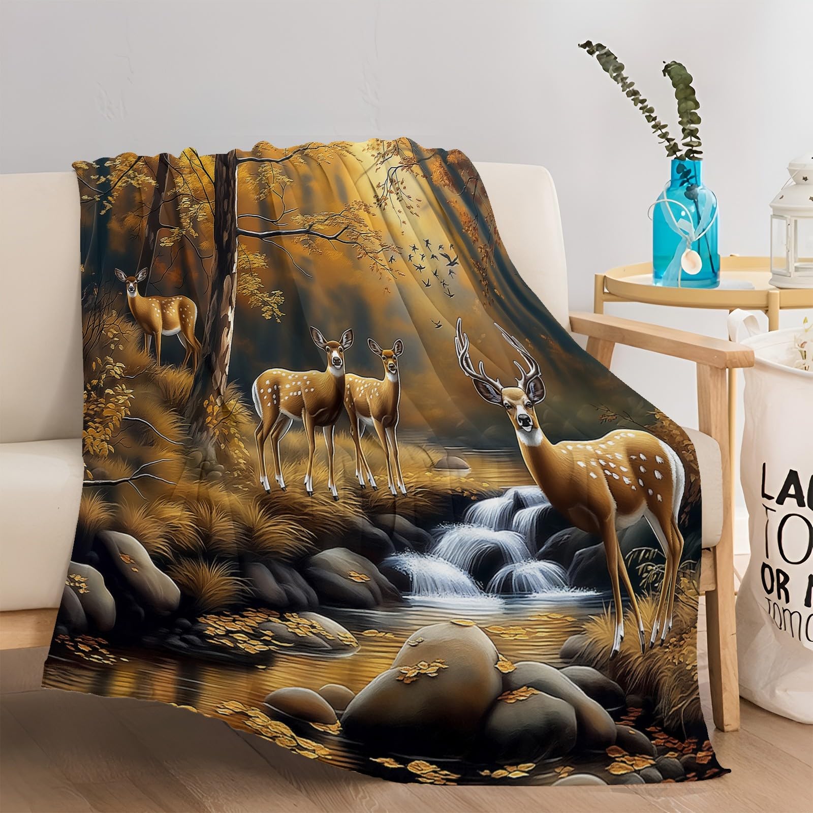 3D Plaid Couverture Polaire 150x200 cm Peinture À l'huile Cerf Animal La Forêt Hiver Chaude Douce Moelleuse Microfibre Couverture de Lit Couvre-lit Jeté de Canapé, Convient Adulte et Enfant