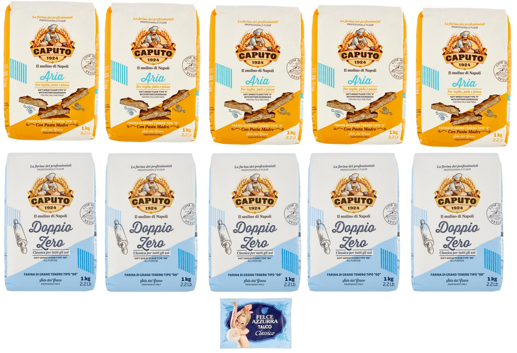 10x FORFAIT TEST Caputo Farina Aria + Doppio Zero,Farine de blé tendre 1Kg + 1 sachet offert de 100g de talc Felce Azzurra