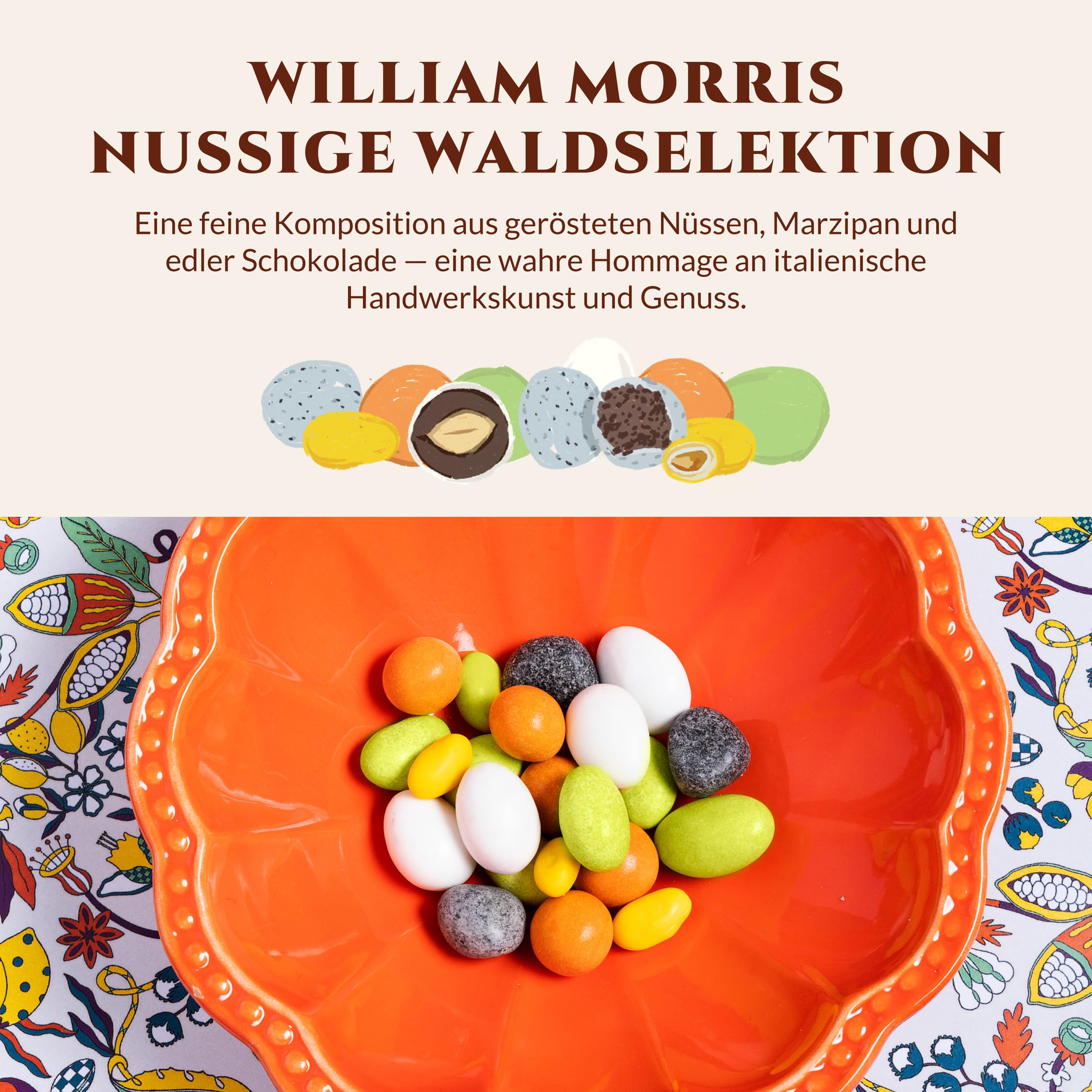Lavolio SCHOKOLADENWALD - Gourmet-Auswahl handwerklicher Bonbons und schokoladenüberzogener Nüsse - Designer-Geschenkbox von William Morris, verfeinert und elegant - Italienische Schokolade - 150 g