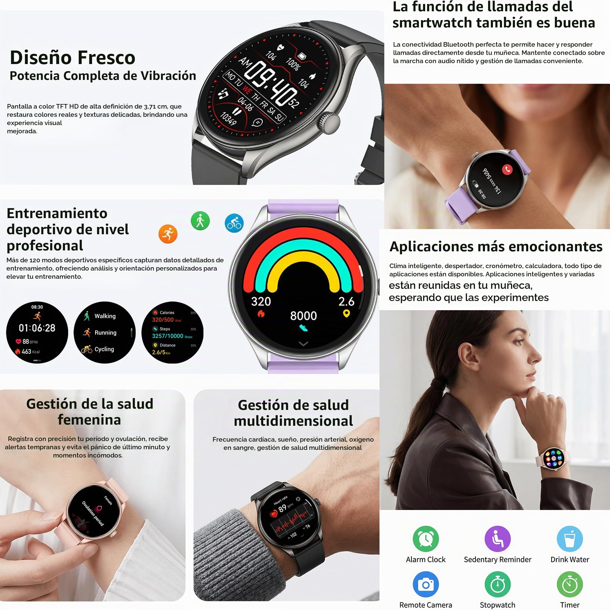 Reloj Inteligente Mujer con Llamadas, 1,46 Pulgada Smartwatc Hombre Deportivo con Podometro Pulsometro SpO2 Sueño Presion Arterial Actividad 5ATM Reloj Digital para iOS Android (Negro)